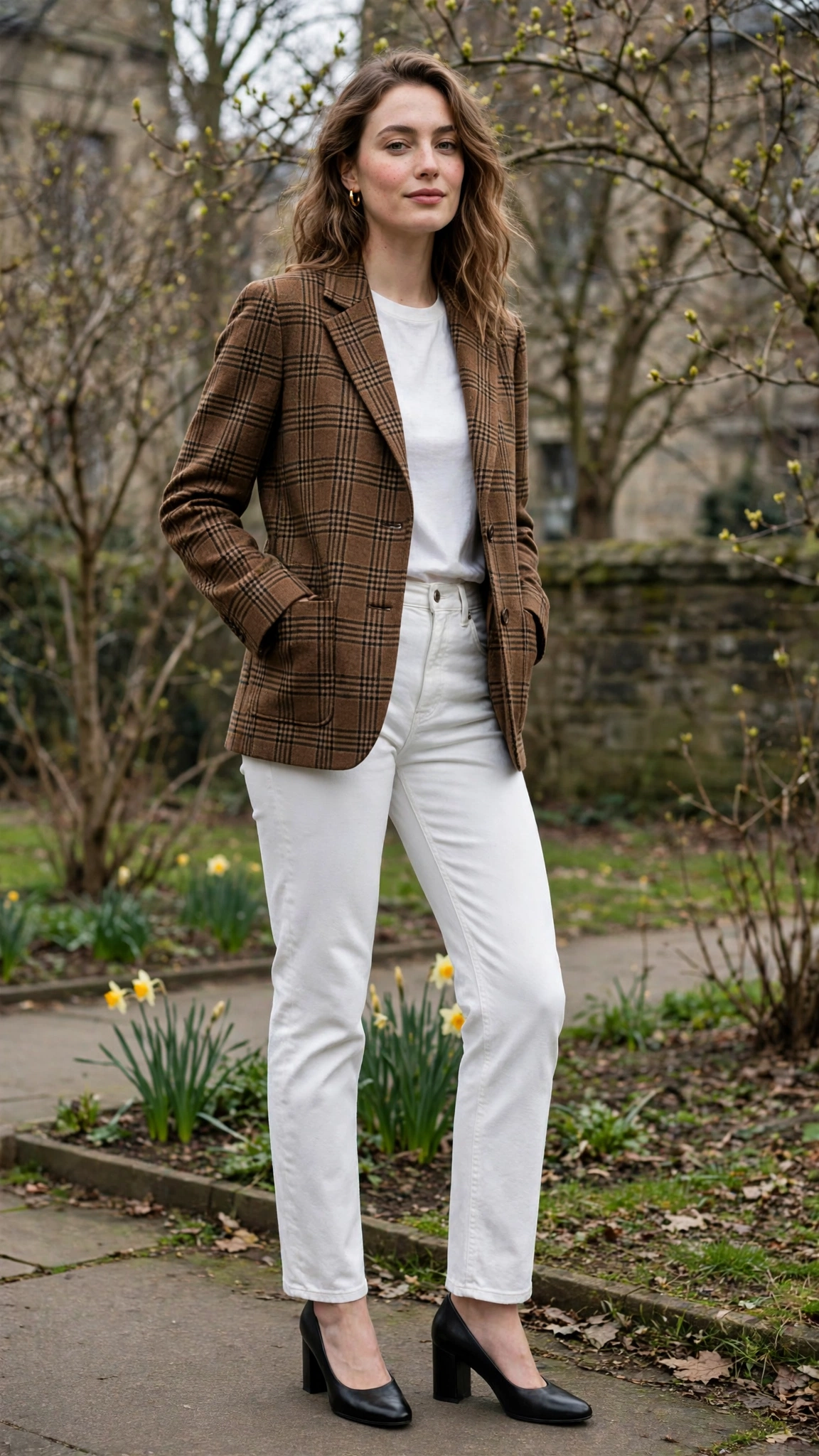 Brown Check Jacket and White Jeans with black block-heel pumps