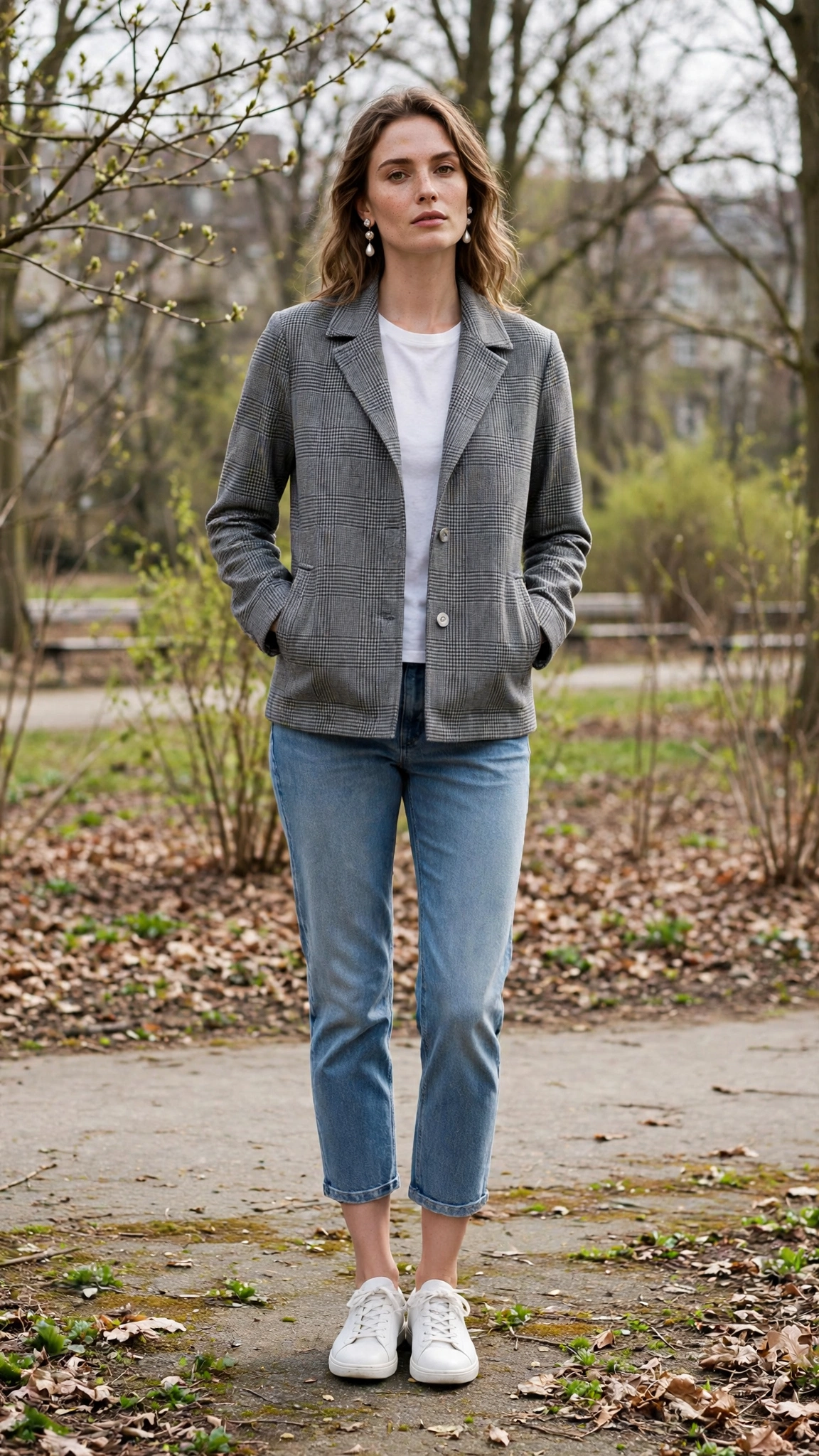 Grey Check Jacket and Cropped Jeans with pearl drop earrings