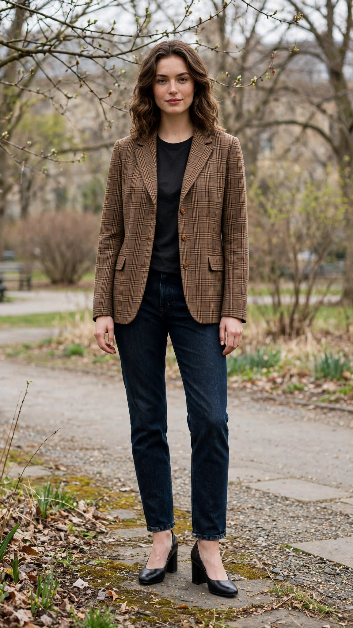 Brown Check Jacket and Dark Jeans with black block-heel pumps