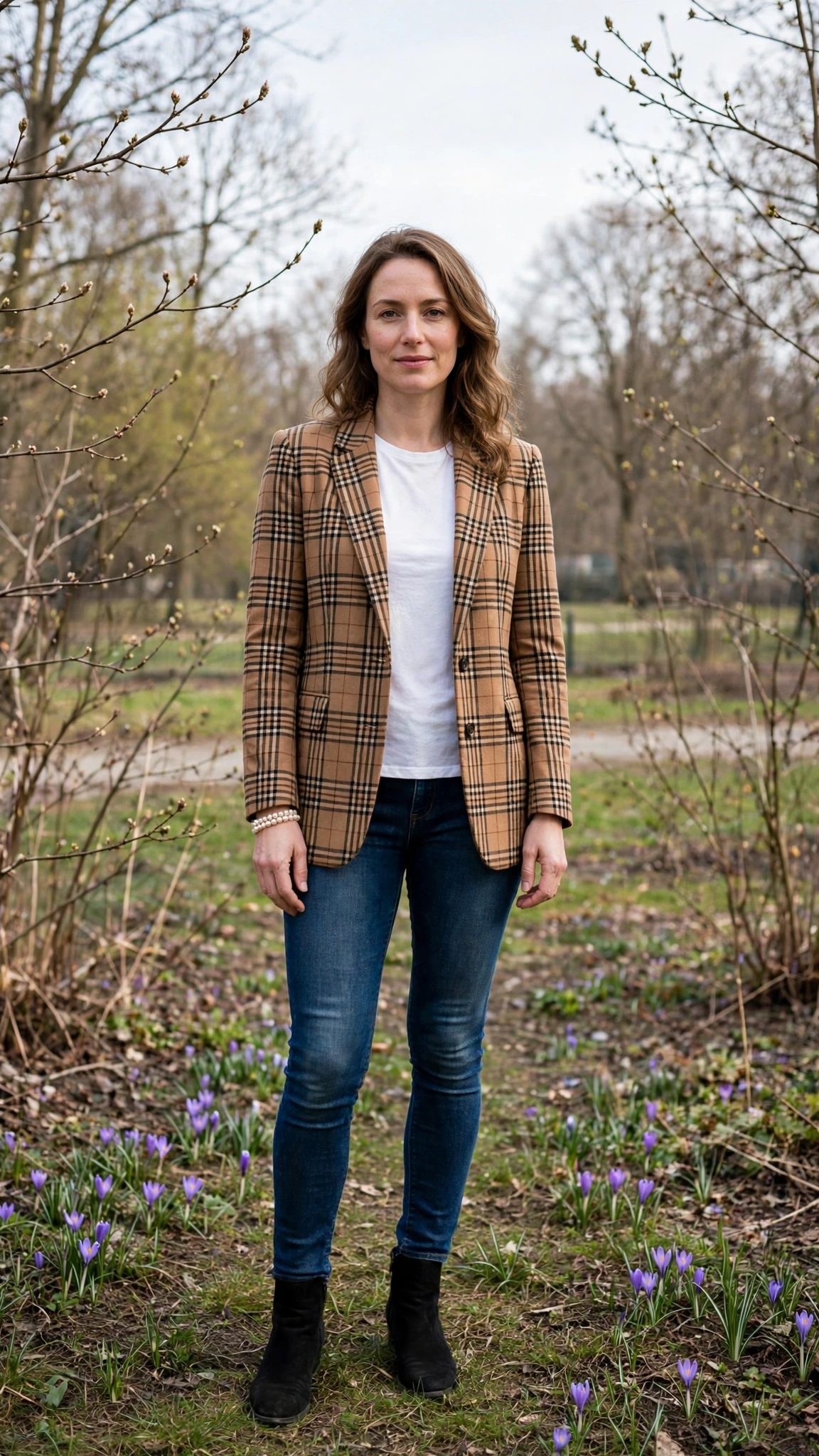 Camel Check Blazer and Skinny Jeans with a pearl bracelet