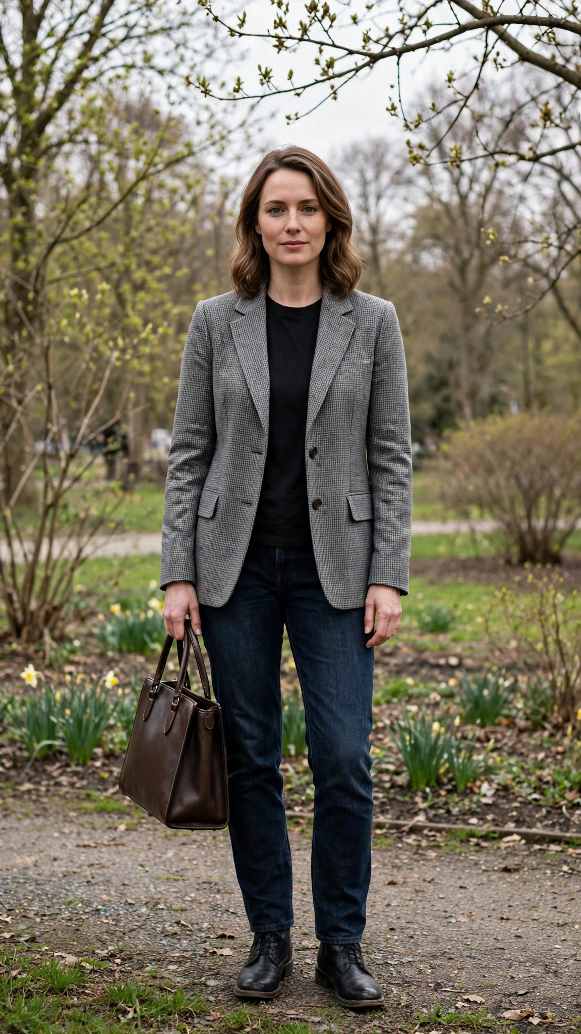 Grey Check Jacket and Dark Jeans with a structured tote