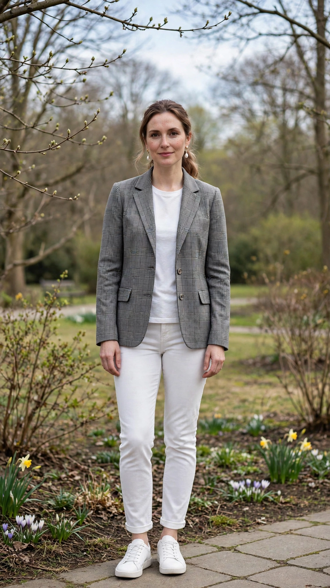 Grey Check Jacket and White Jeans with pearl drop earrings