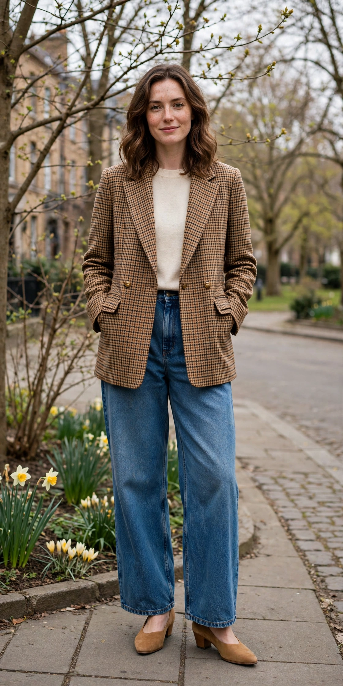 Camel Check Jacket and Wide-Leg Jeans with comfortable low heels