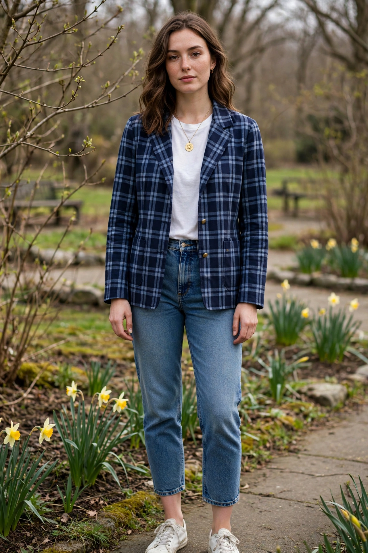 Navy Check Jacket and Cropped Jeans with a gold pendant necklace