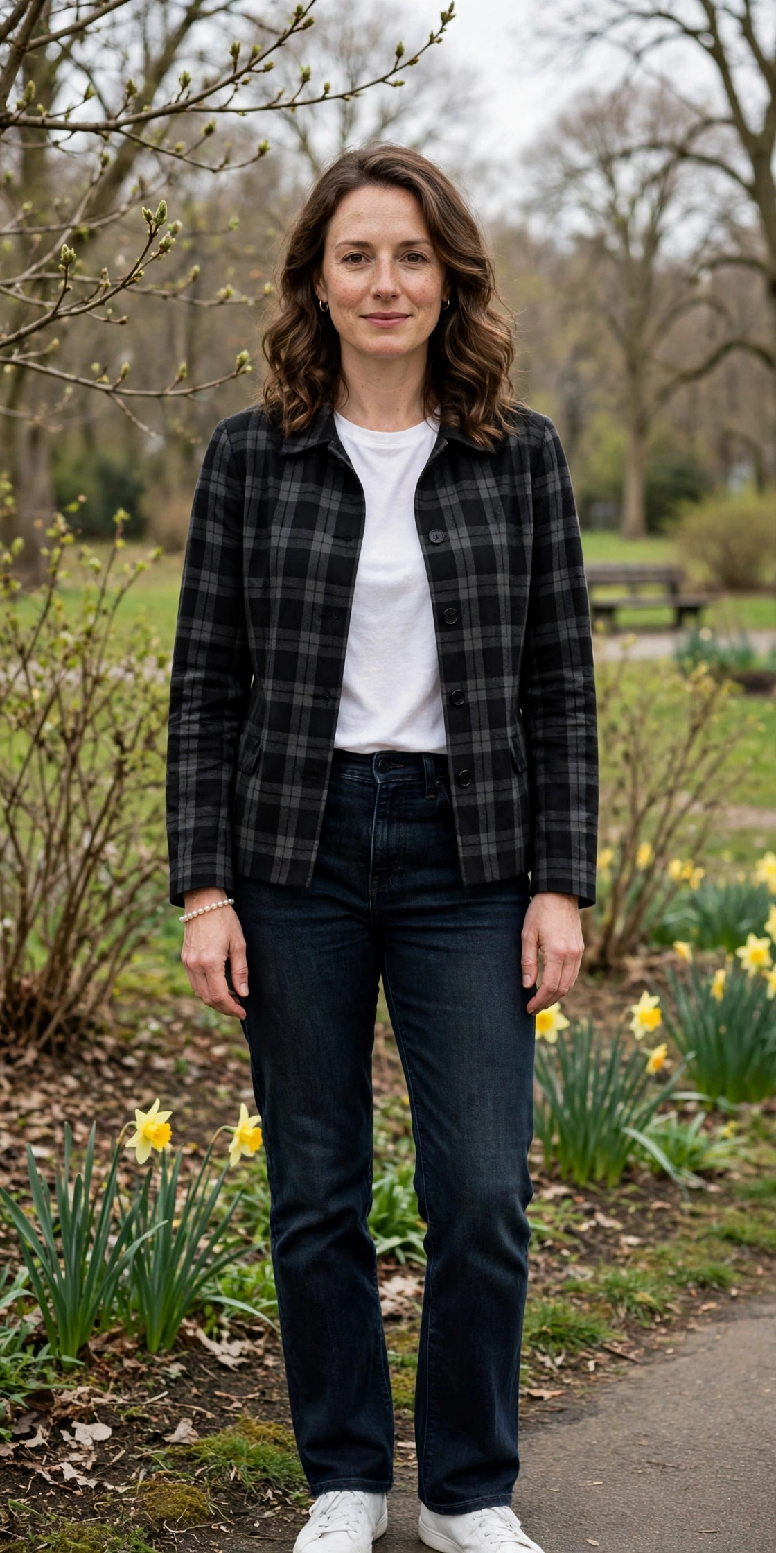 Black Check Jacket and Dark Jeans with a pearl bracelet