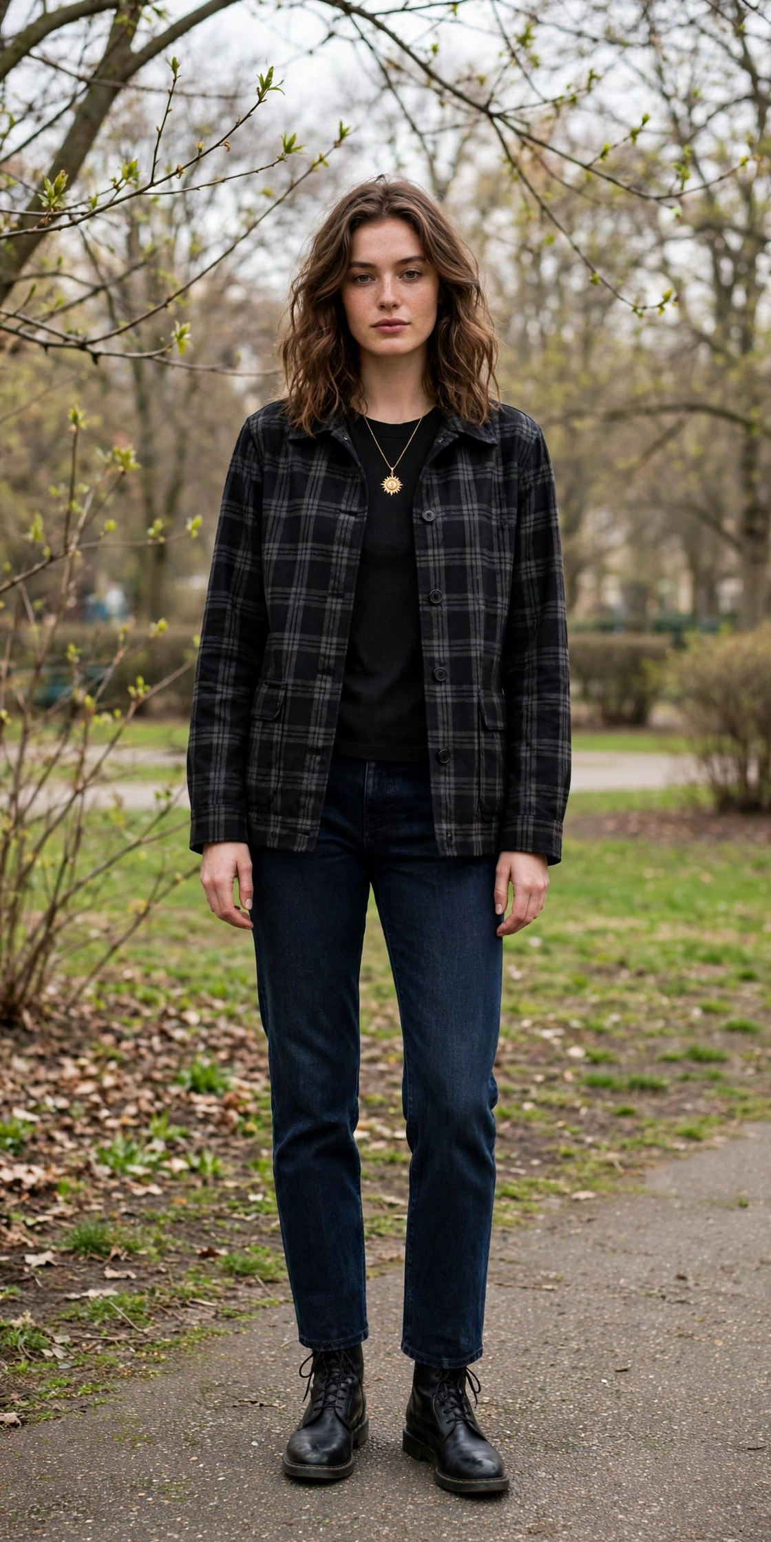 Black Check Jacket and Dark Jeans with a gold pendant necklace