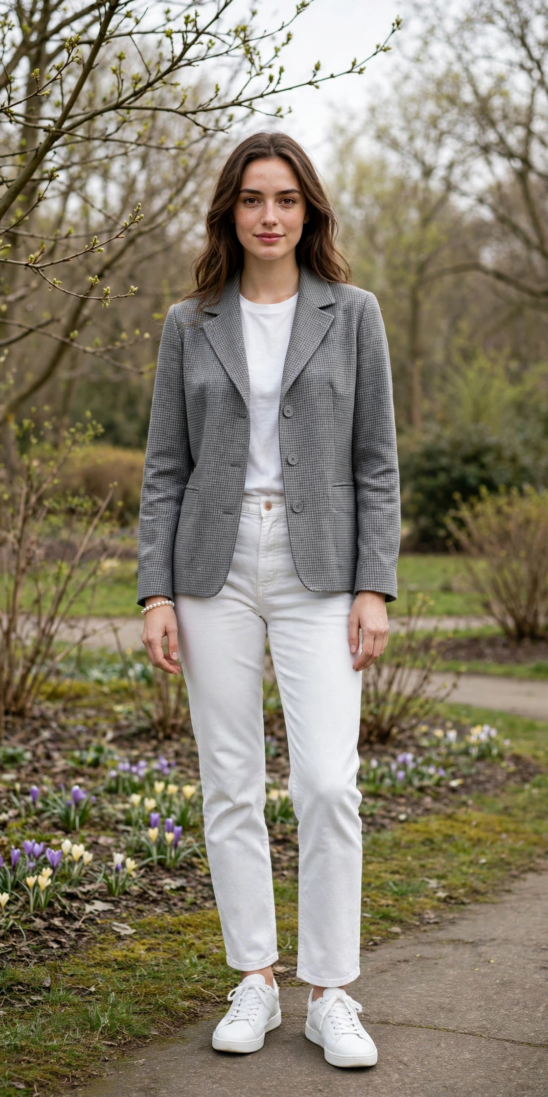 Grey Check Jacket and White Jeans with a pearl bracelet