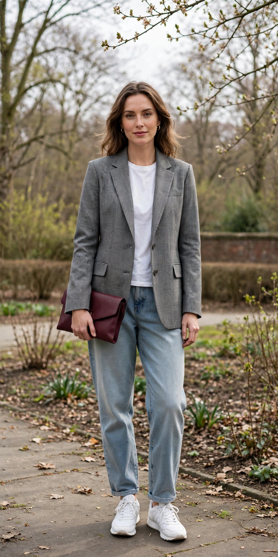 Grey Check Blazer and Boyfriend Jeans with a burgundy clutch