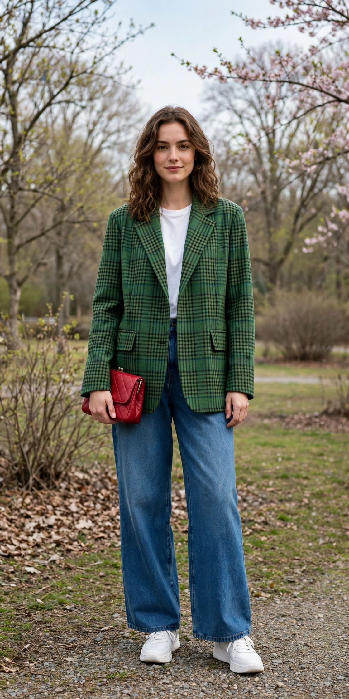 Green Check Jacket and Wide-Leg Jeans with a red clutch
