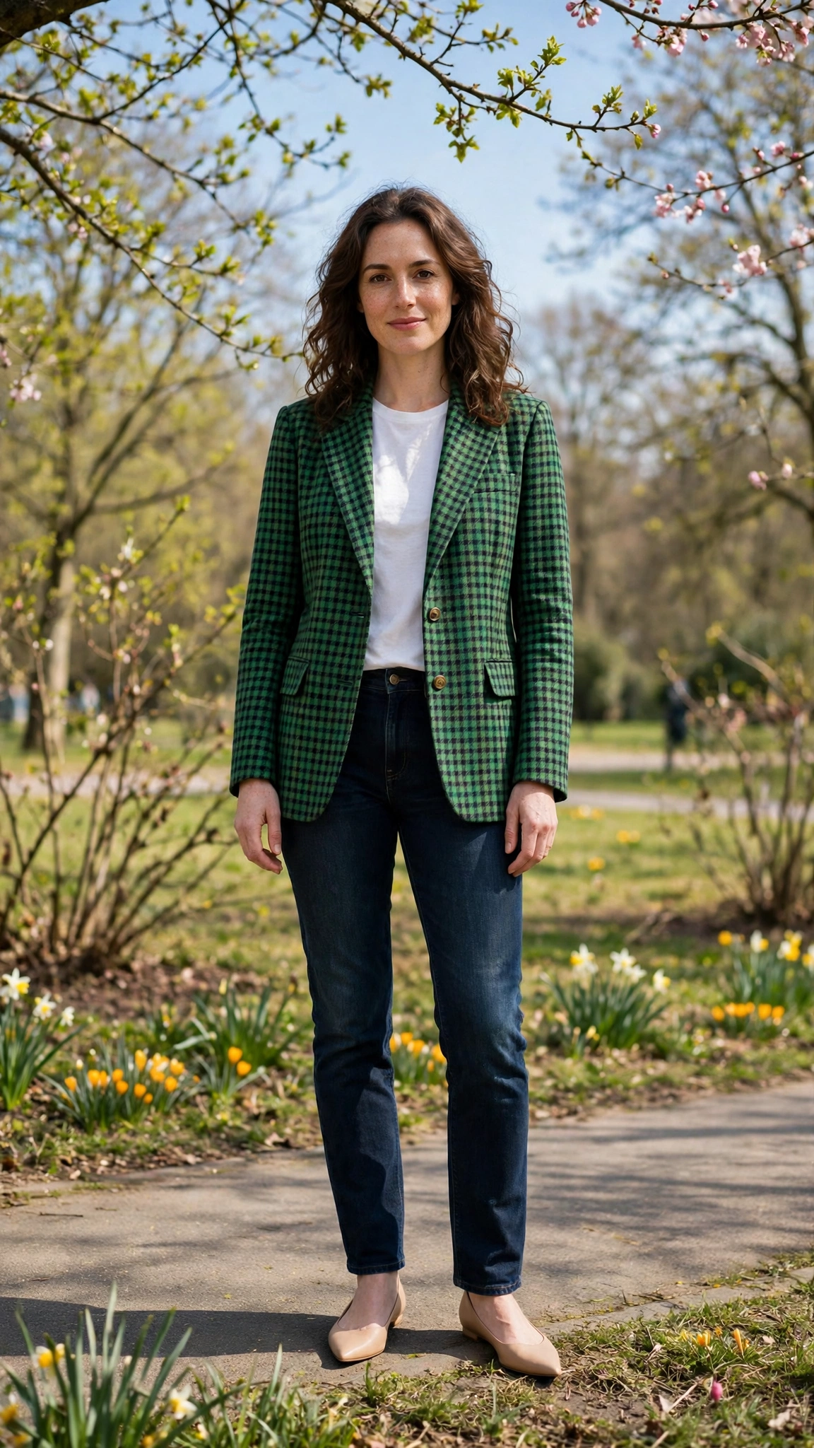 Green Check Jacket and Dark Jeans with nude pointed flats