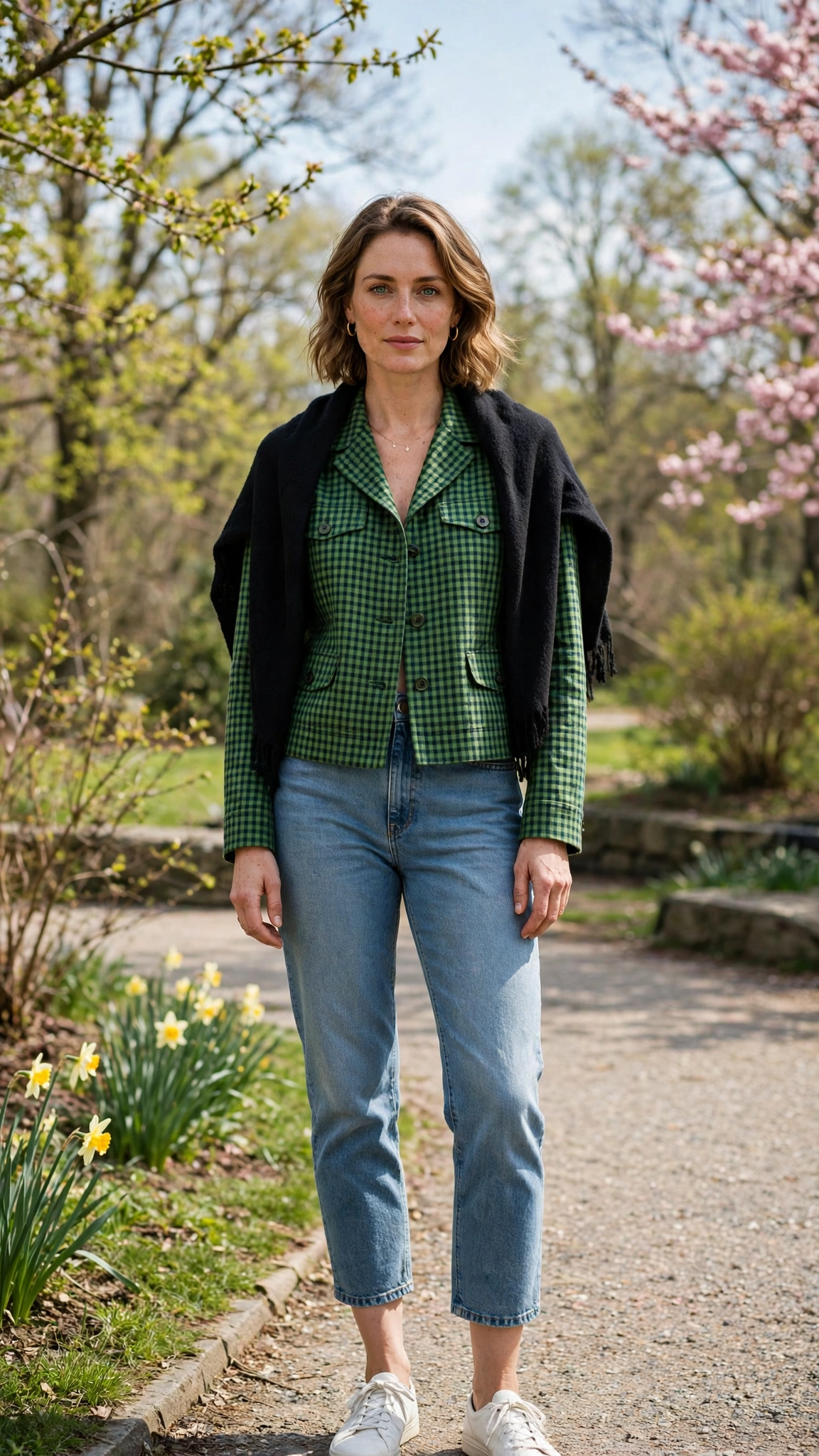 Green Check Jacket and Cropped Jeans with a soft black shawl