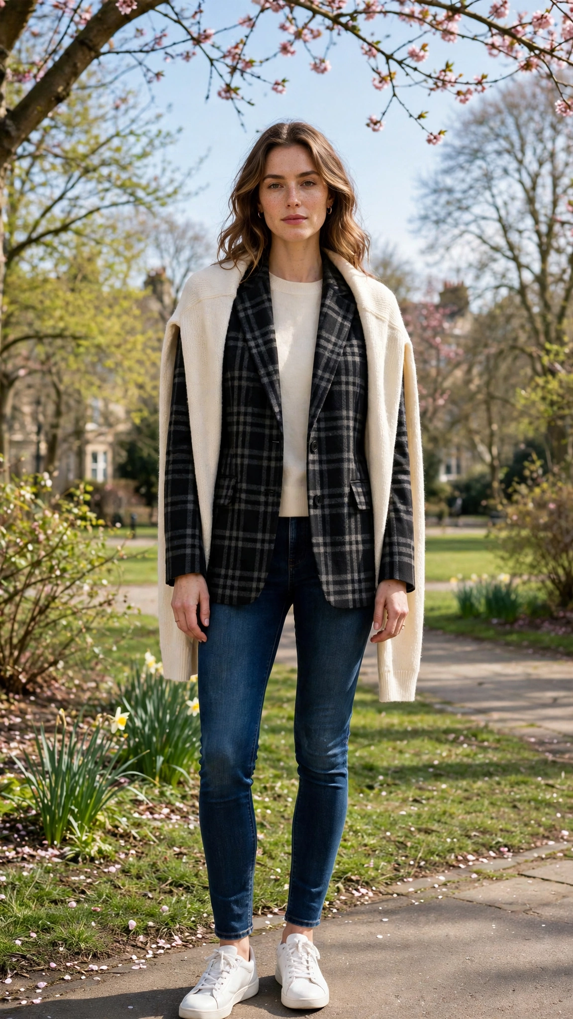 Black Check Blazer and Skinny Jeans with a cream wrap