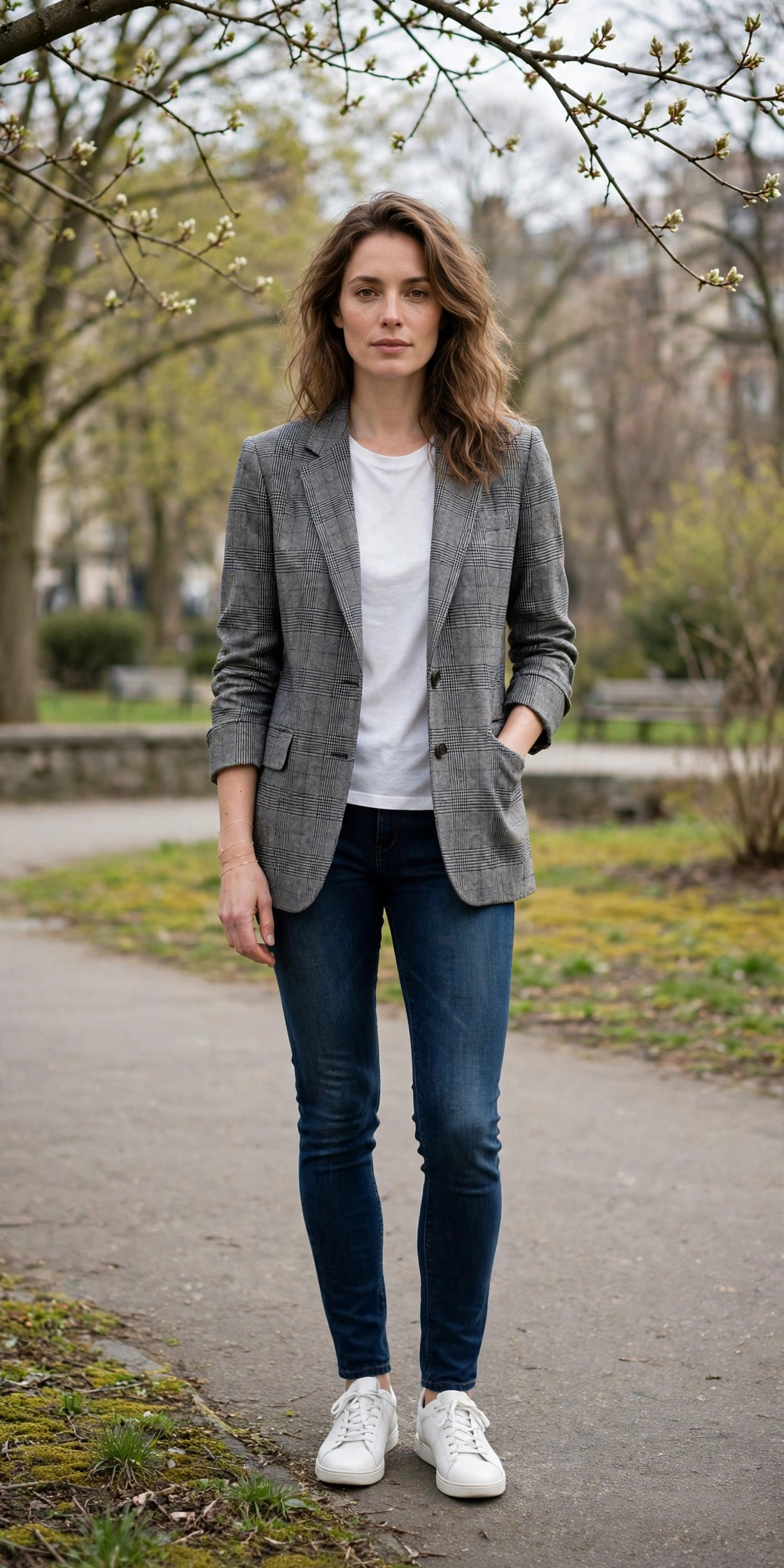 Grey Check Blazer and Skinny Jeans with a delicate gold bracelet