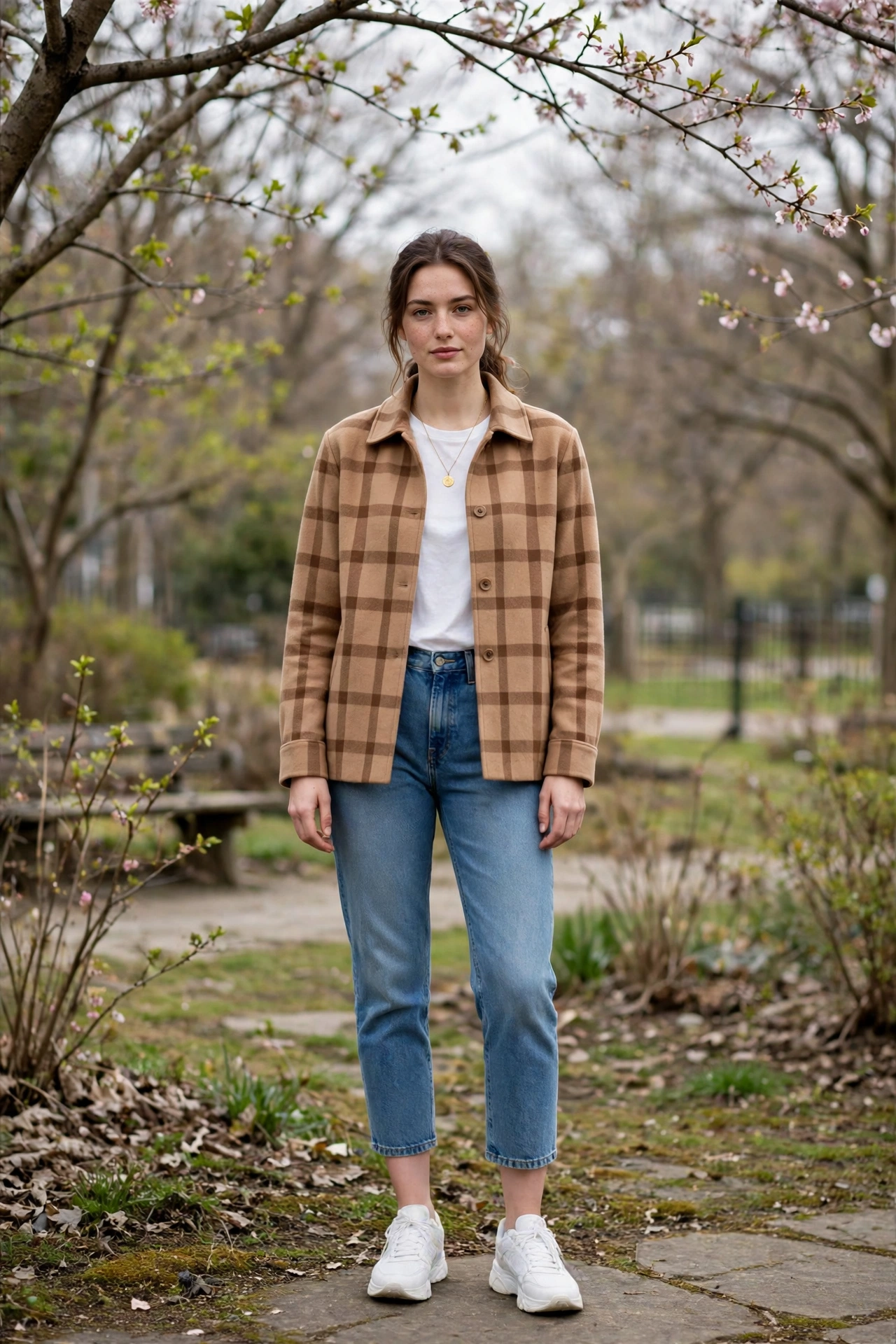 Camel Check Jacket and Cropped Jeans with a gold pendant necklace