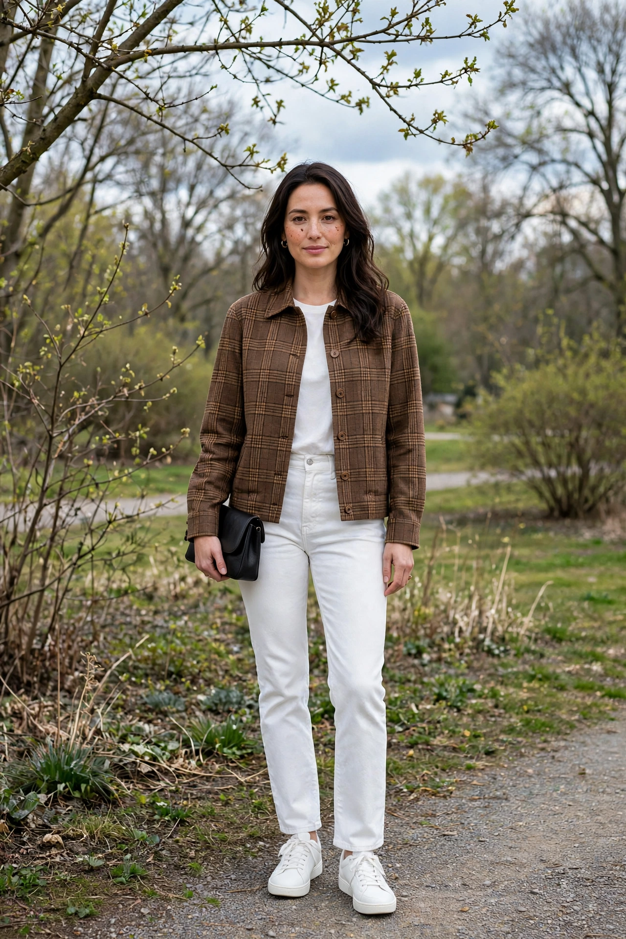 Brown Check Jacket and White Jeans with a small black clutch