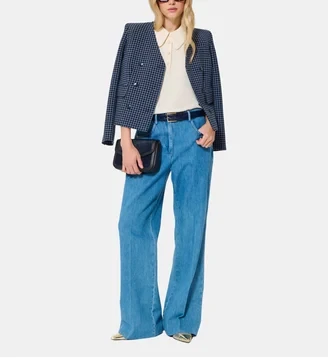 Navy Check Jacket and Wide-Leg Jeans with a small black clutch