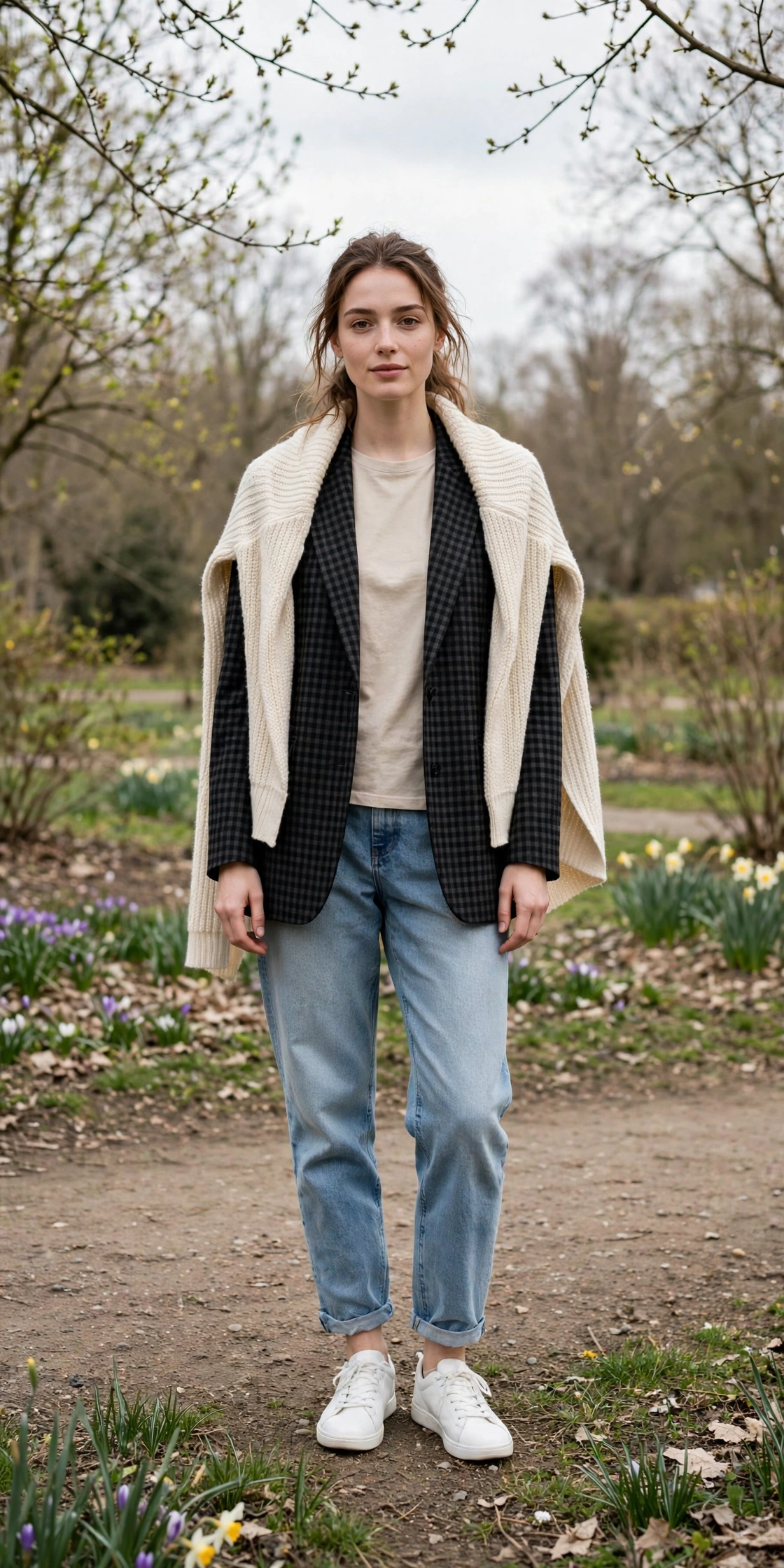 Black Check Blazer and Boyfriend Jeans with a cream wrap