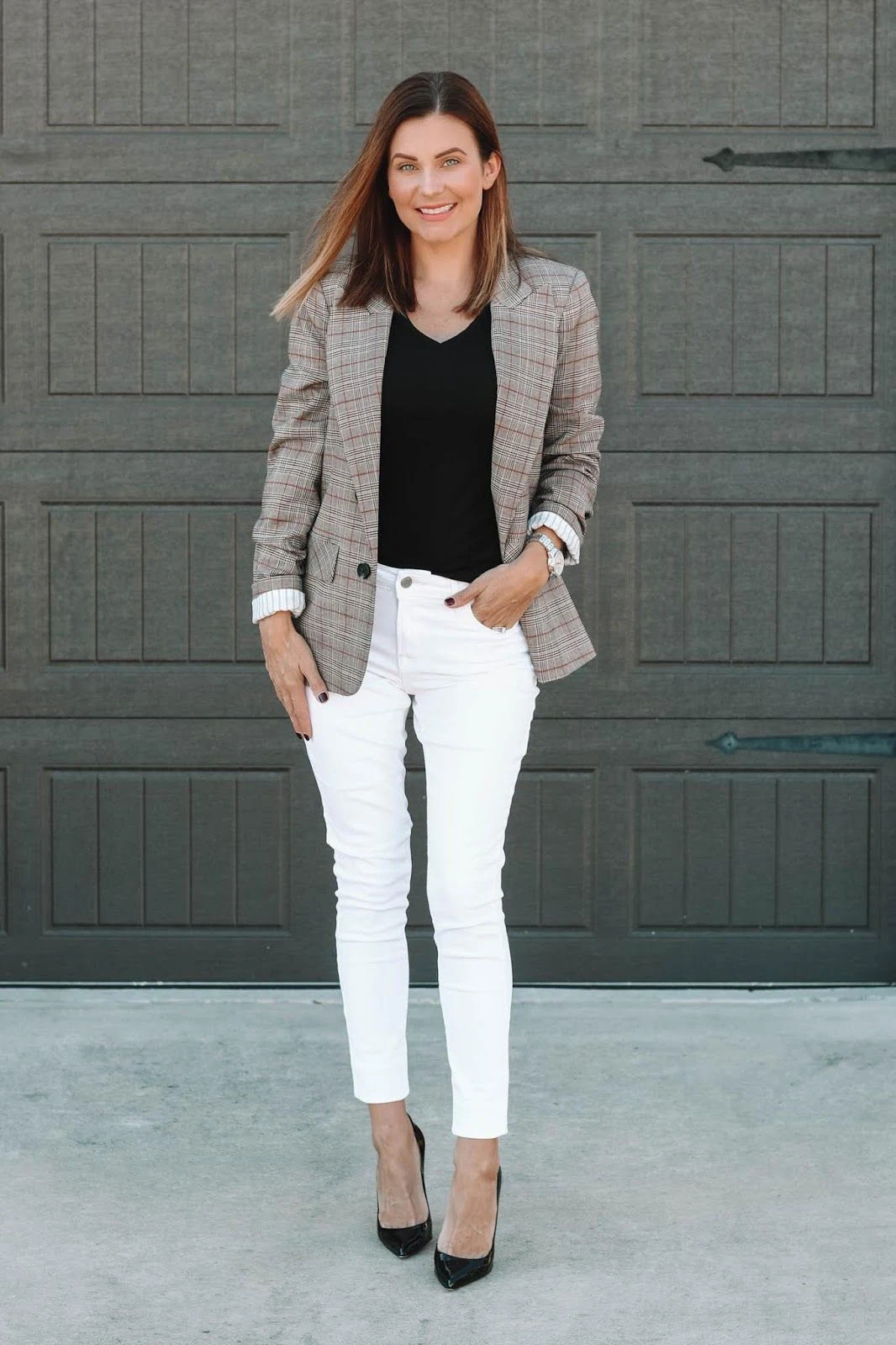 Camel Check Jacket and White Jeans with black block-heel pumps