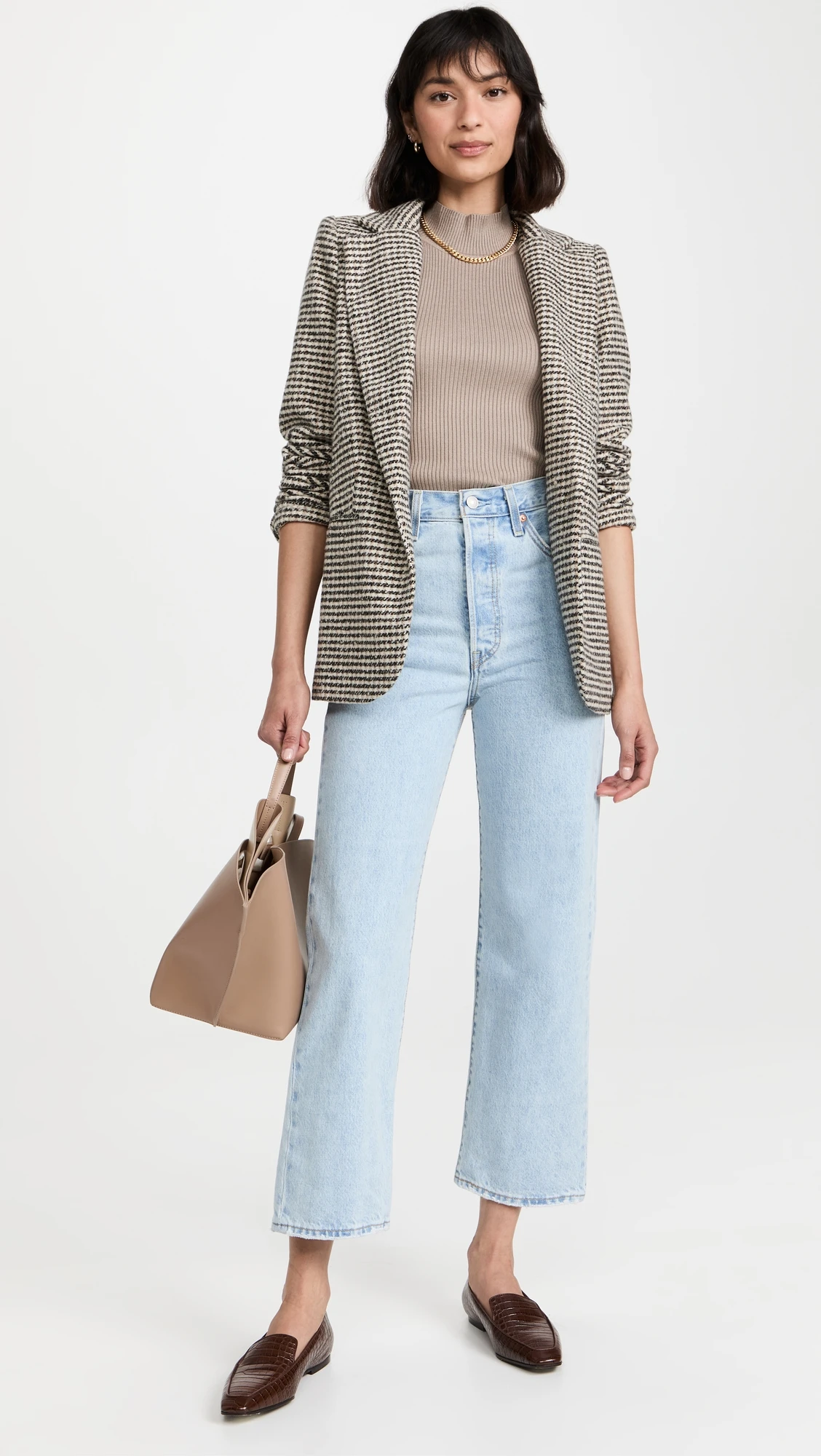Camel Check Jacket and Cropped Jeans with tan leather loafers