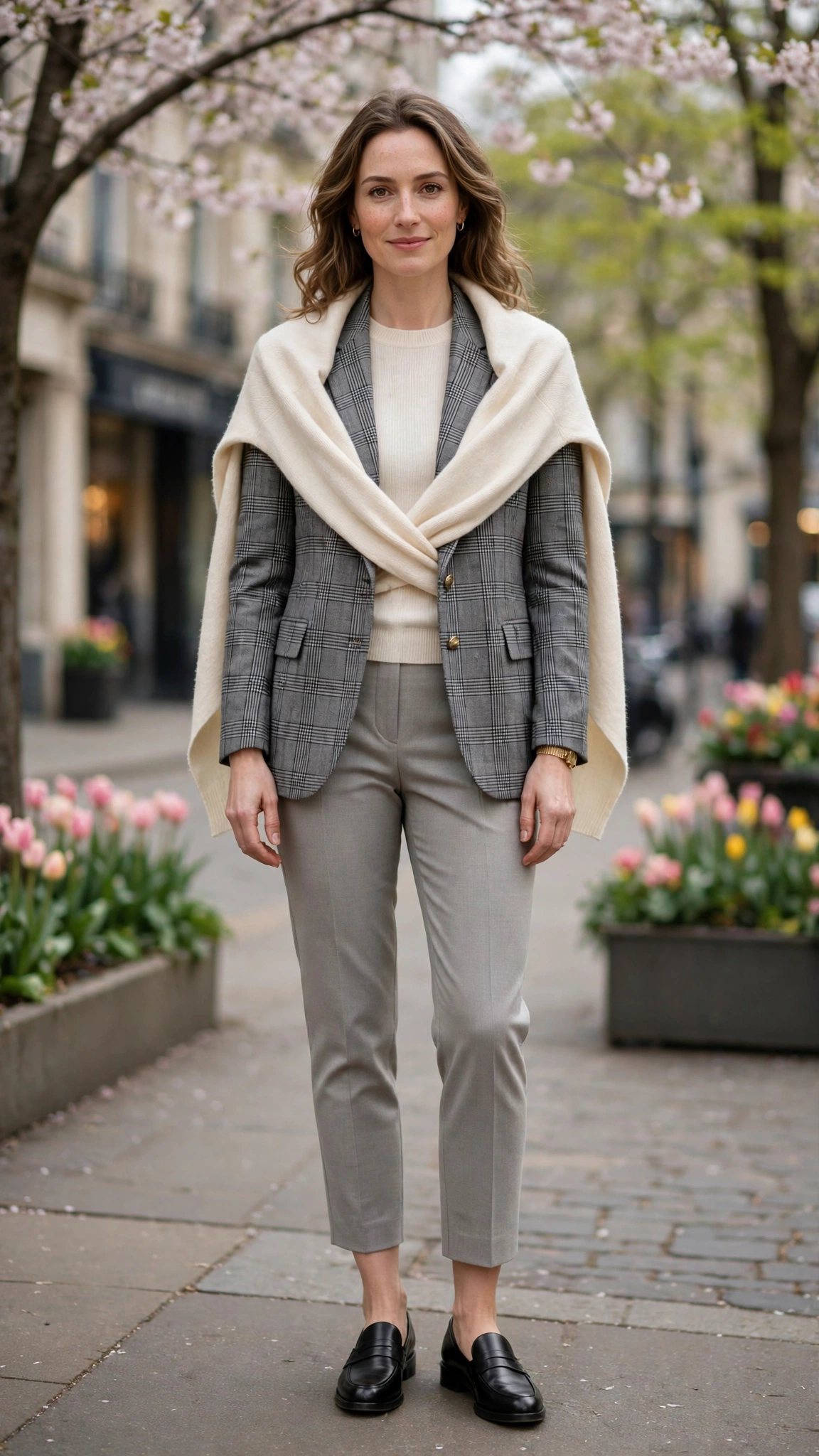 Grey Check Checked Blazer and Cropped Trousers with a cream wrap