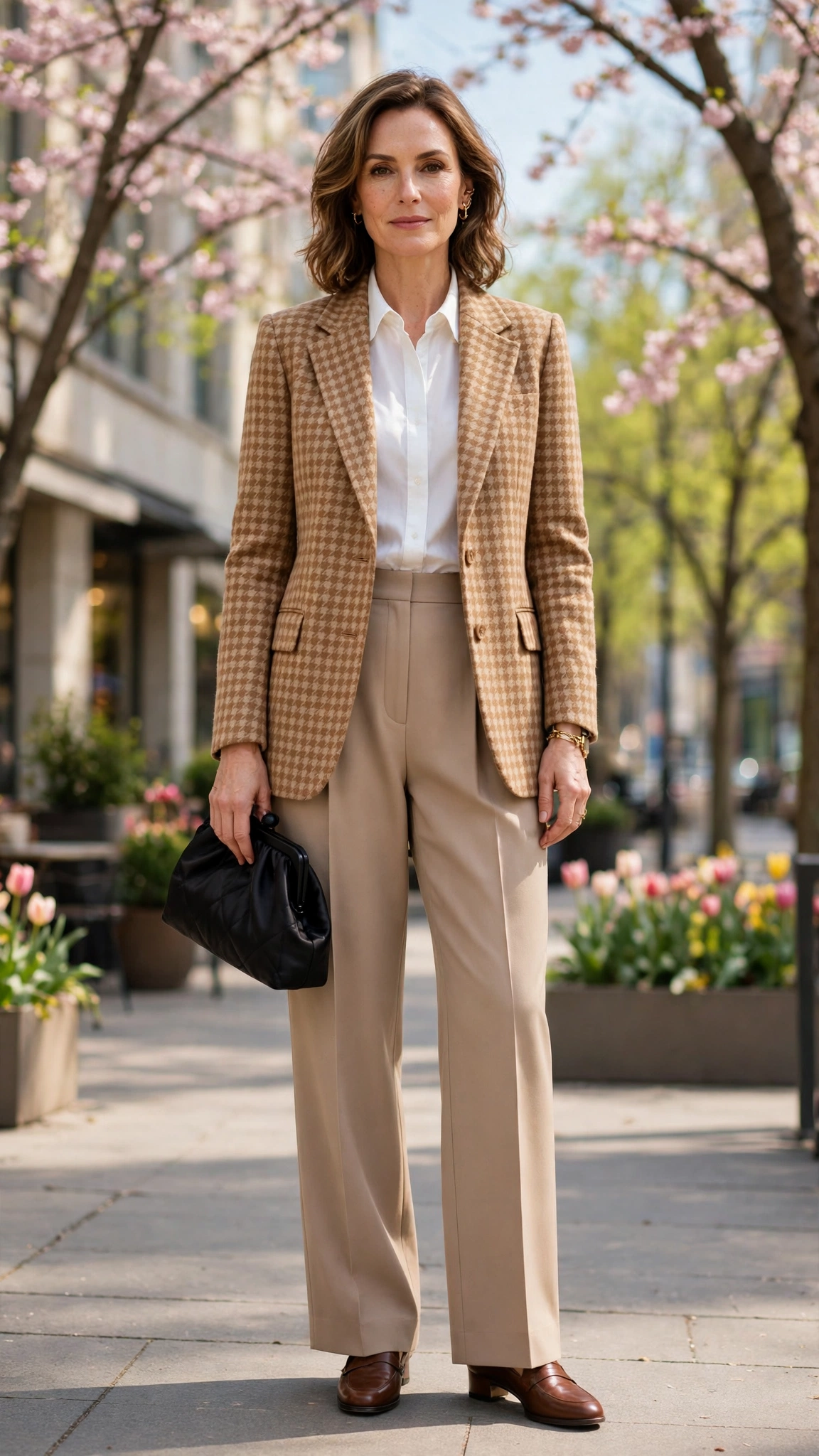 Camel Check Checked Blazer and Pleated Trousers with a black satin clutch