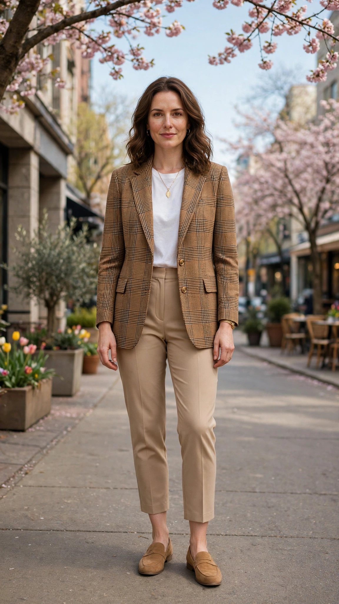 Camel Check Checked Blazer and Cropped Trousers with a gold pendant necklace