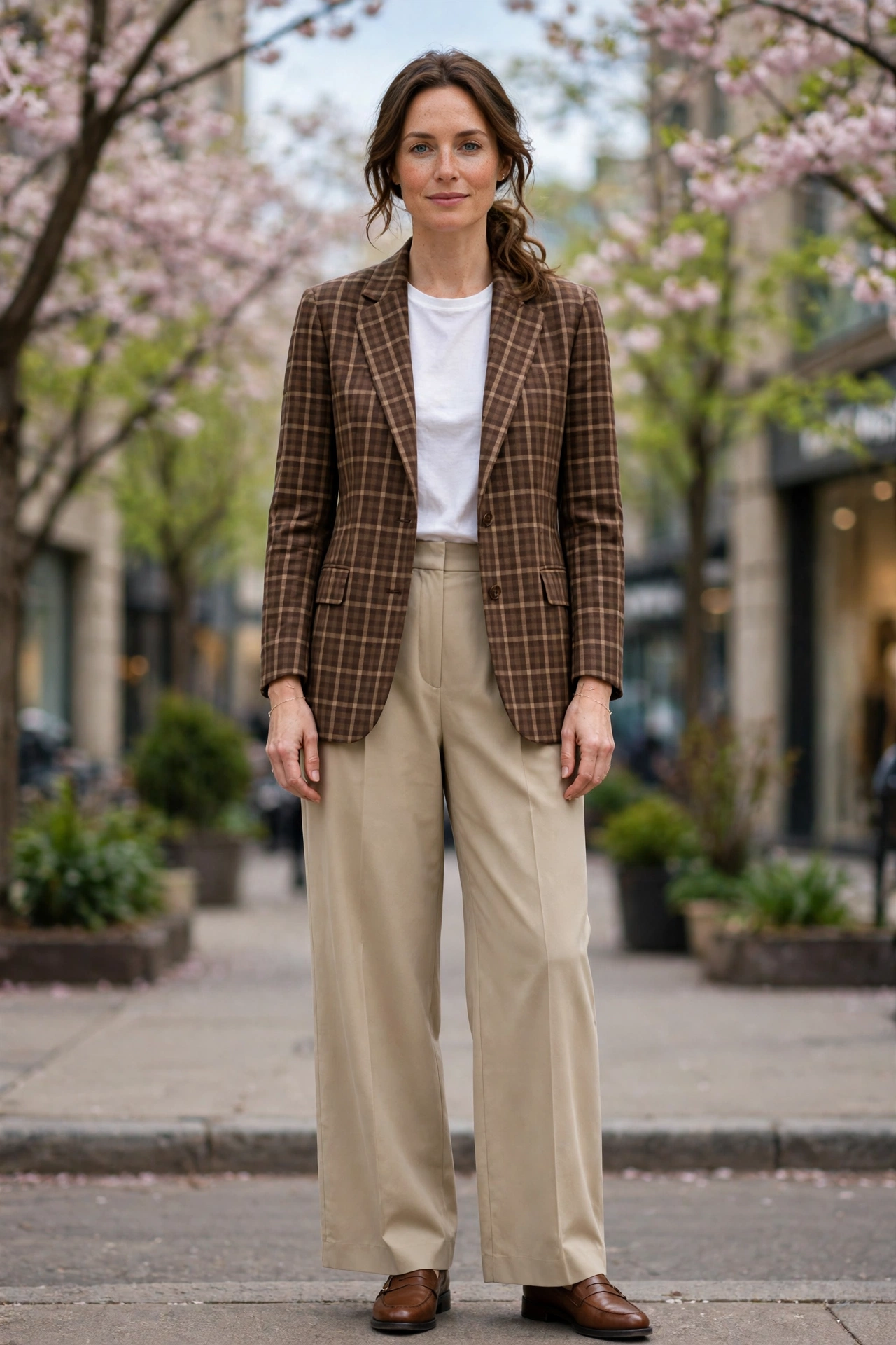 Brown Check Checked Blazer and Wide-Leg Trousers with a delicate gold bracelet