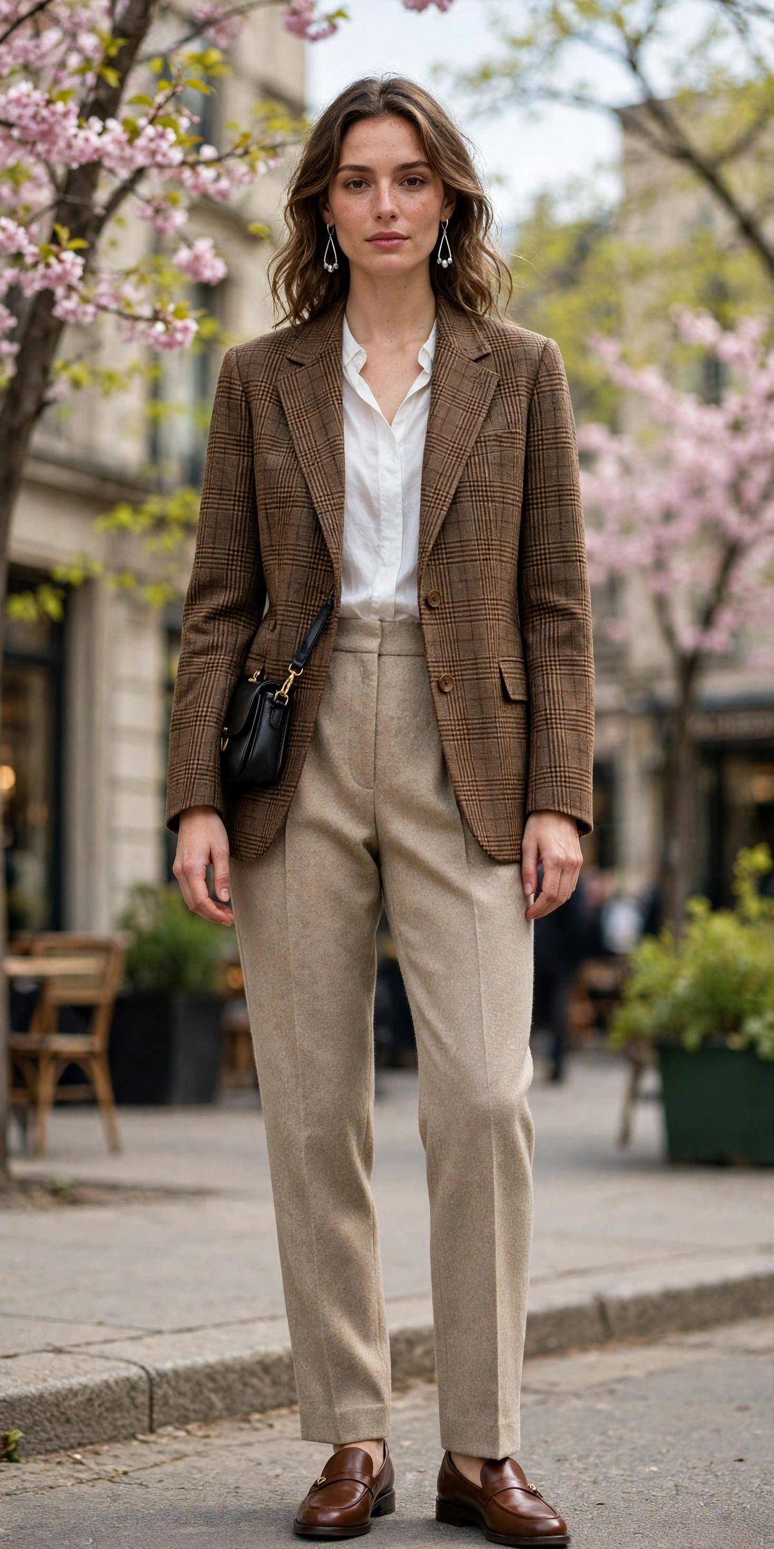 Brown Check Checked Blazer and Wool Trousers with silver drop earrings