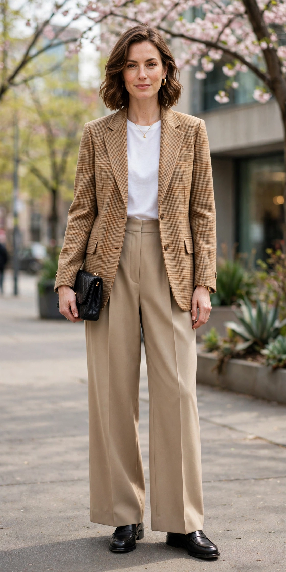 Camel Check Checked Blazer and Wide-Leg Trousers with a small black clutch