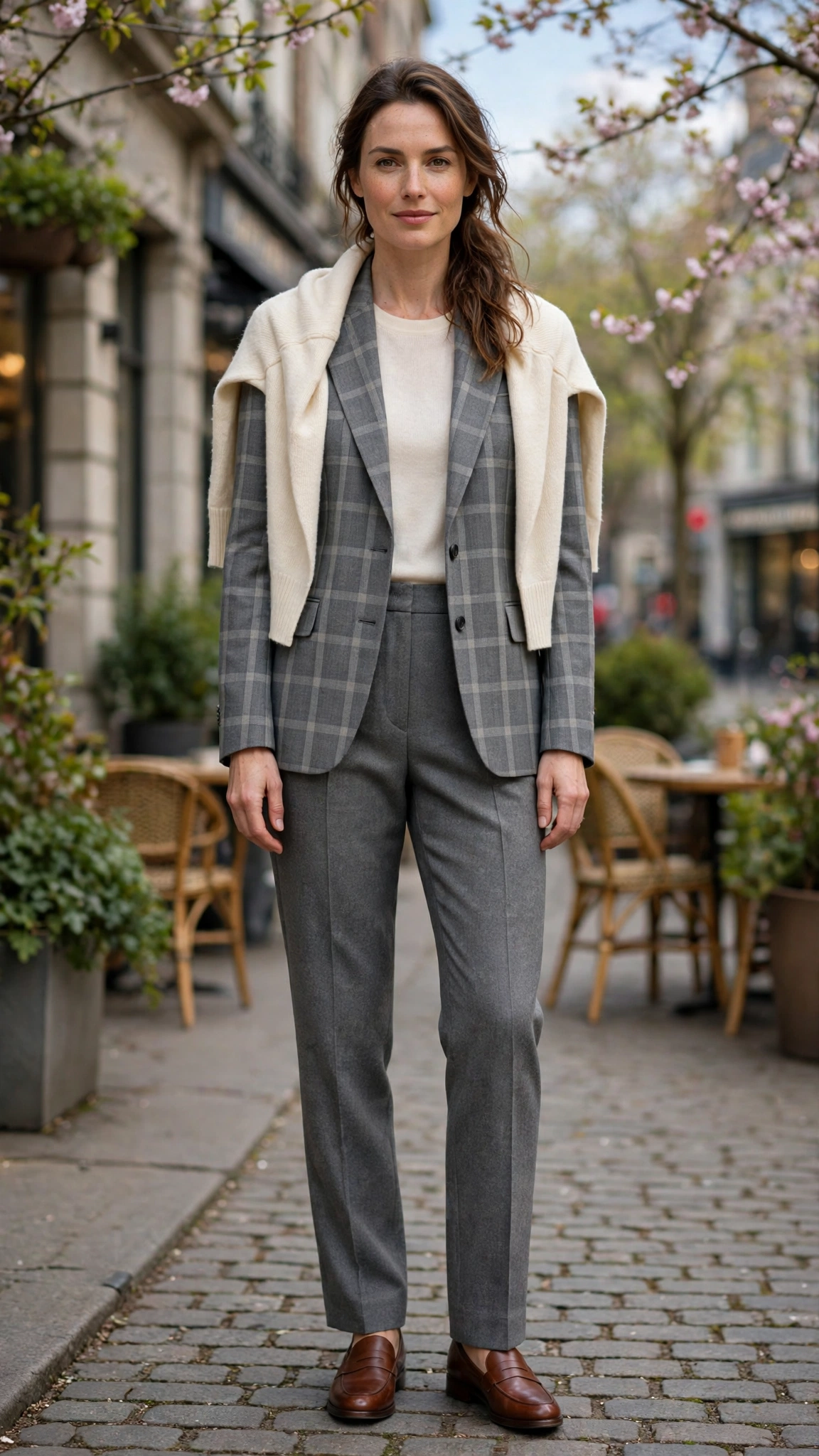 Grey Check Checked Blazer and Wool Trousers with a cream wrap