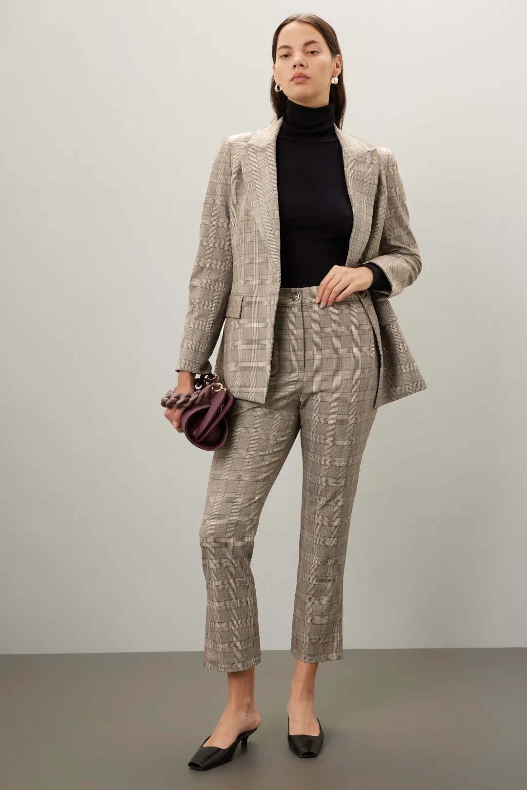 Camel Check Checked Blazer and Slim Trousers with a burgundy clutch