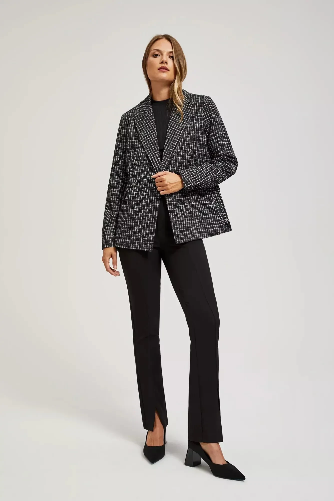 Black Check Checked Blazer and Slim Trousers with comfortable low heels