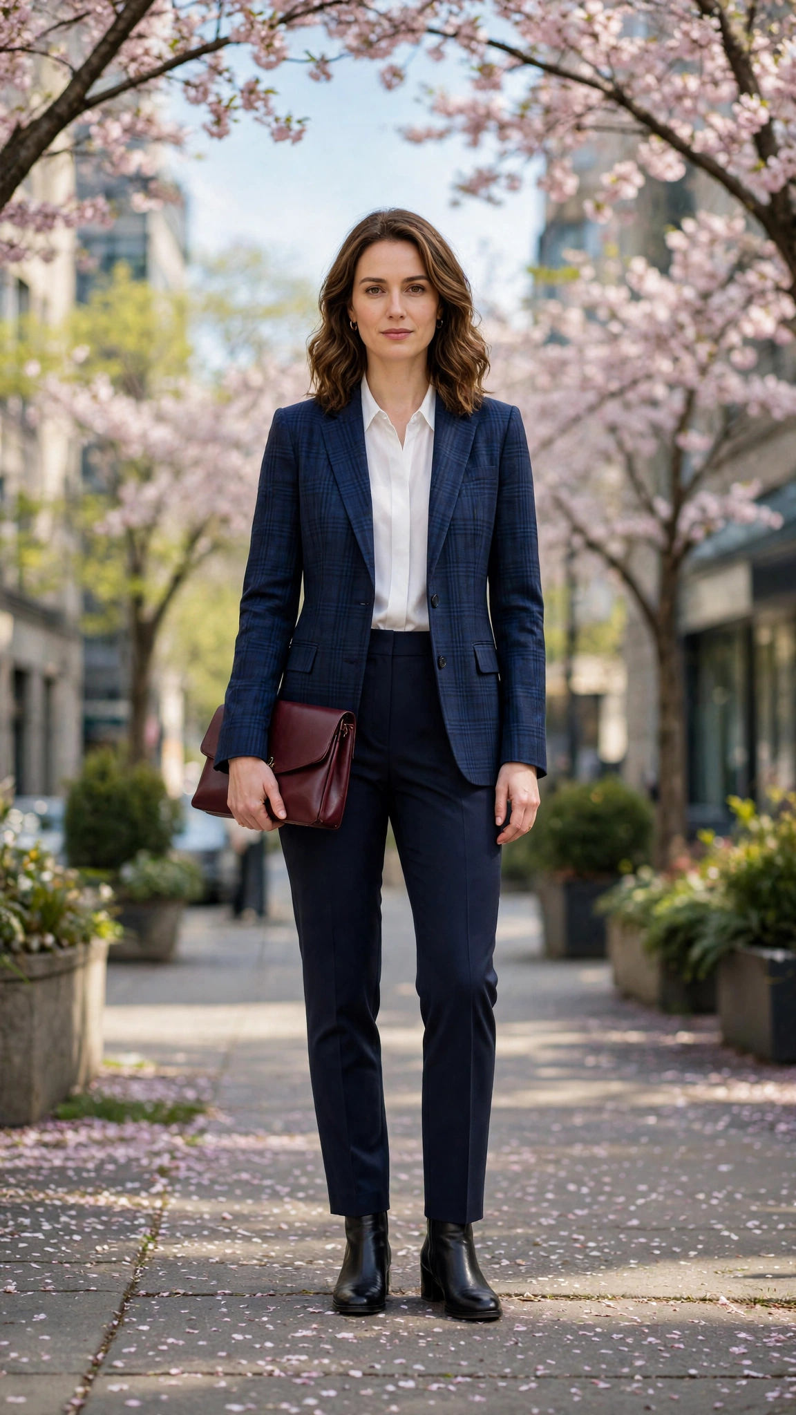 Navy Check Checked Blazer and Tailored Trousers with a burgundy clutch
