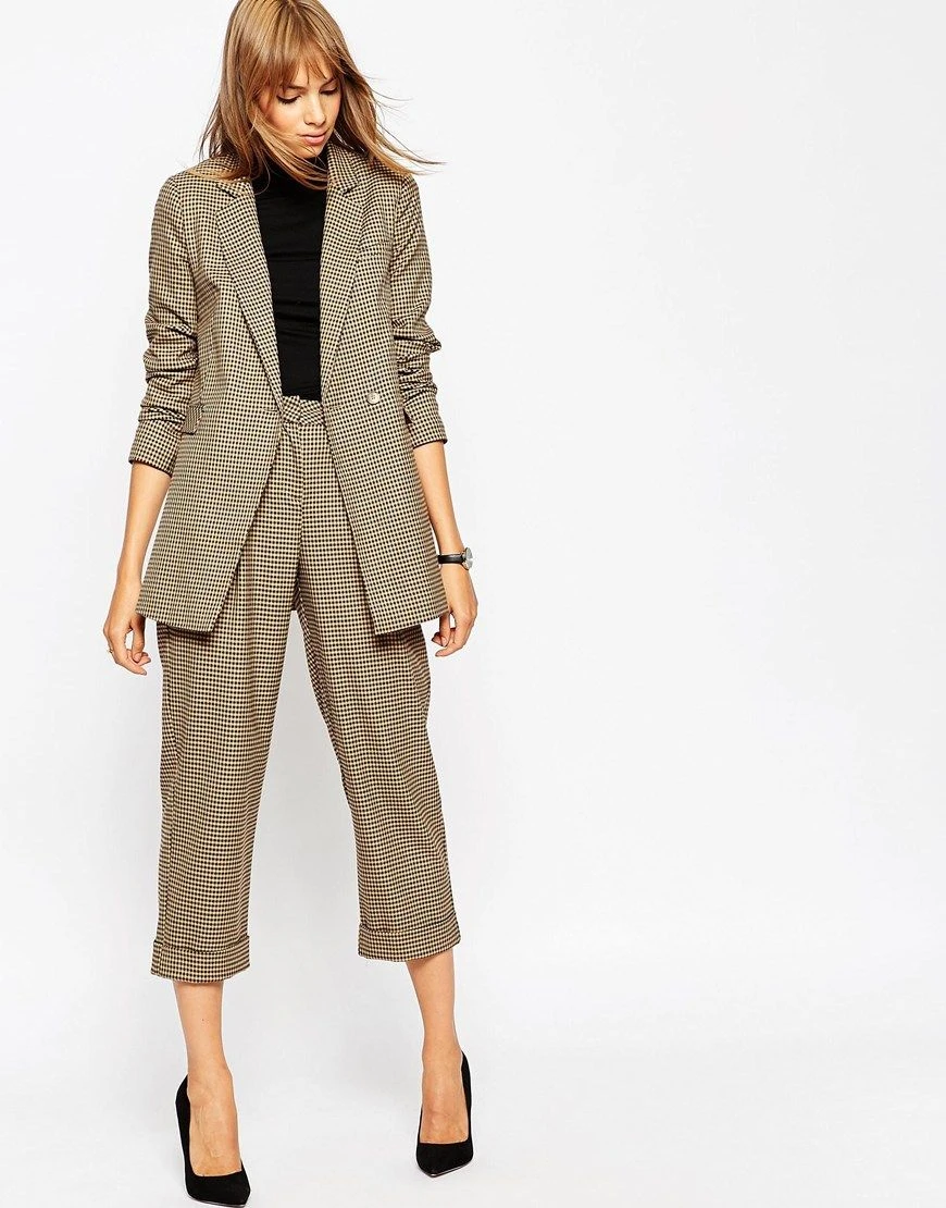 Brown Check Checked Blazer and Slim Trousers with black block-heel pumps