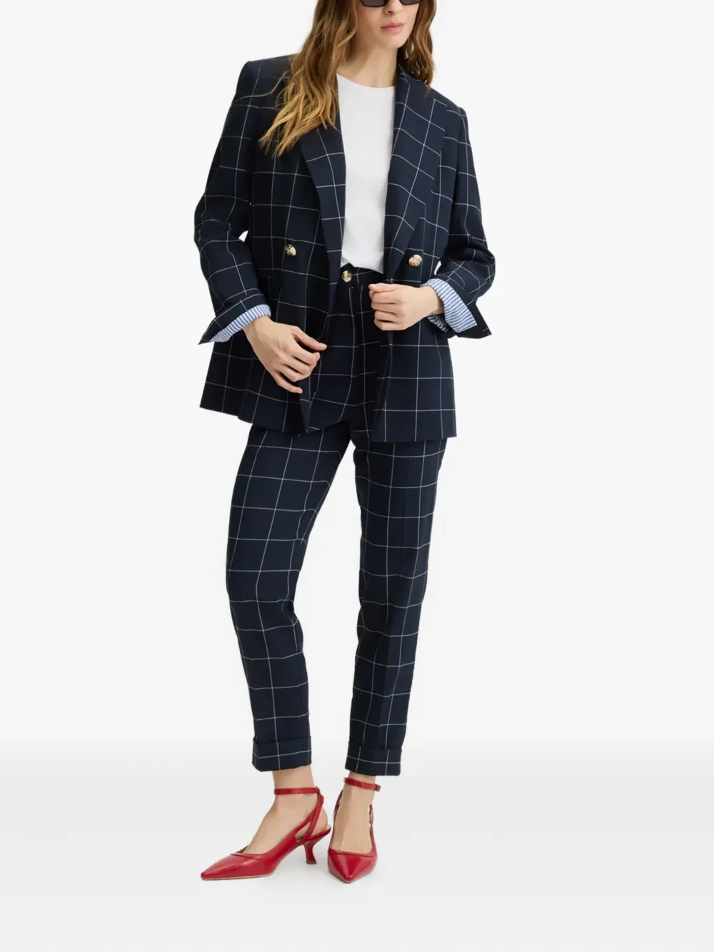 Navy Check Checked Blazer and Tailored Trousers with comfortable low heels