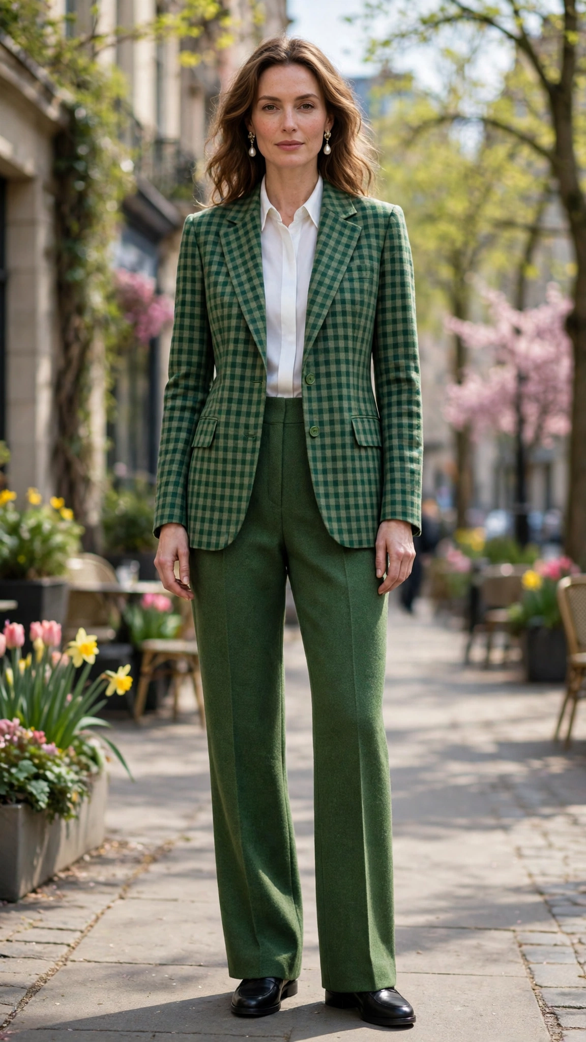 Green Check Checked Blazer and Wool Trousers with pearl drop earrings
