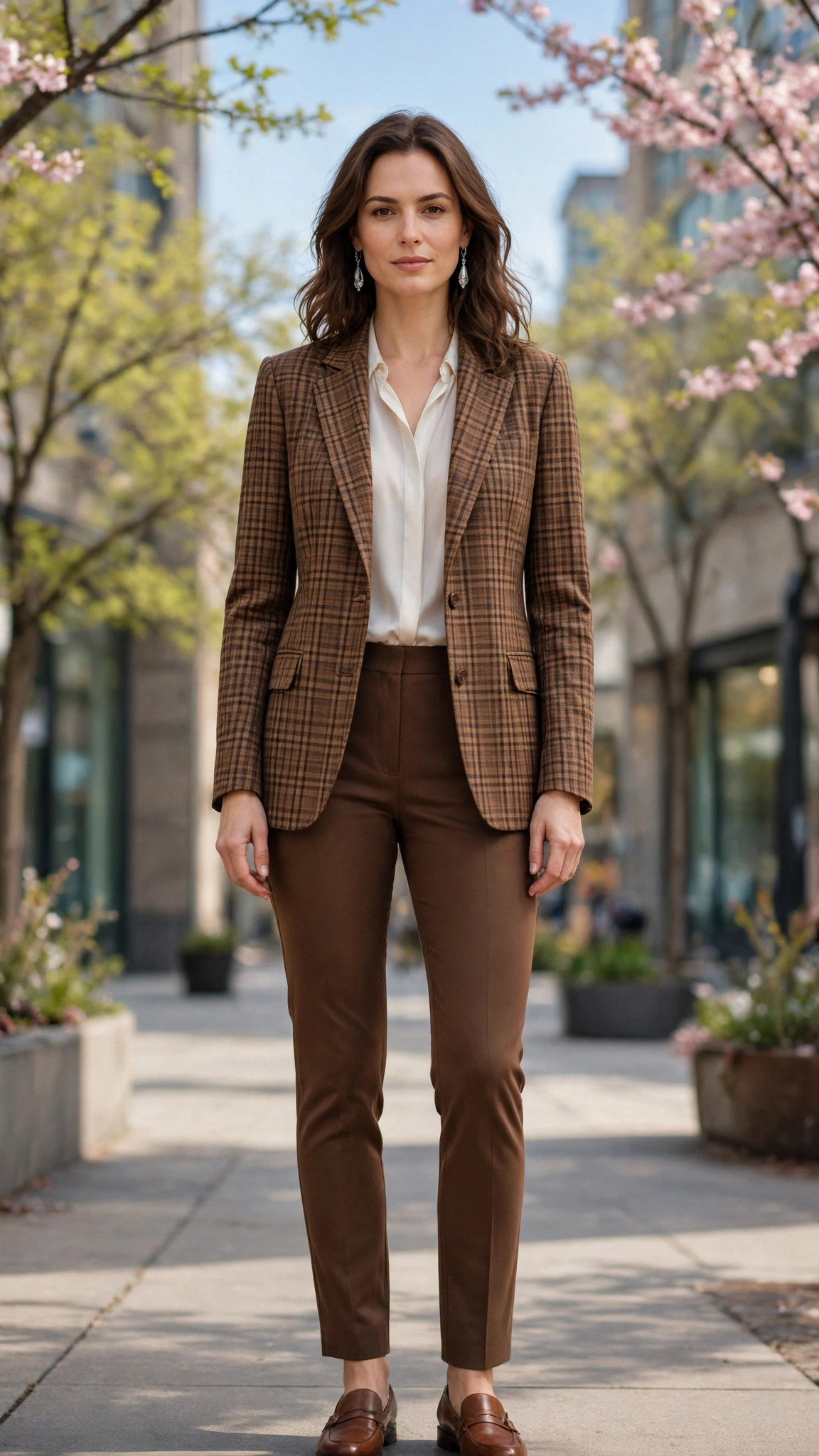 Brown Check Checked Blazer and Slim Trousers with silver drop earrings