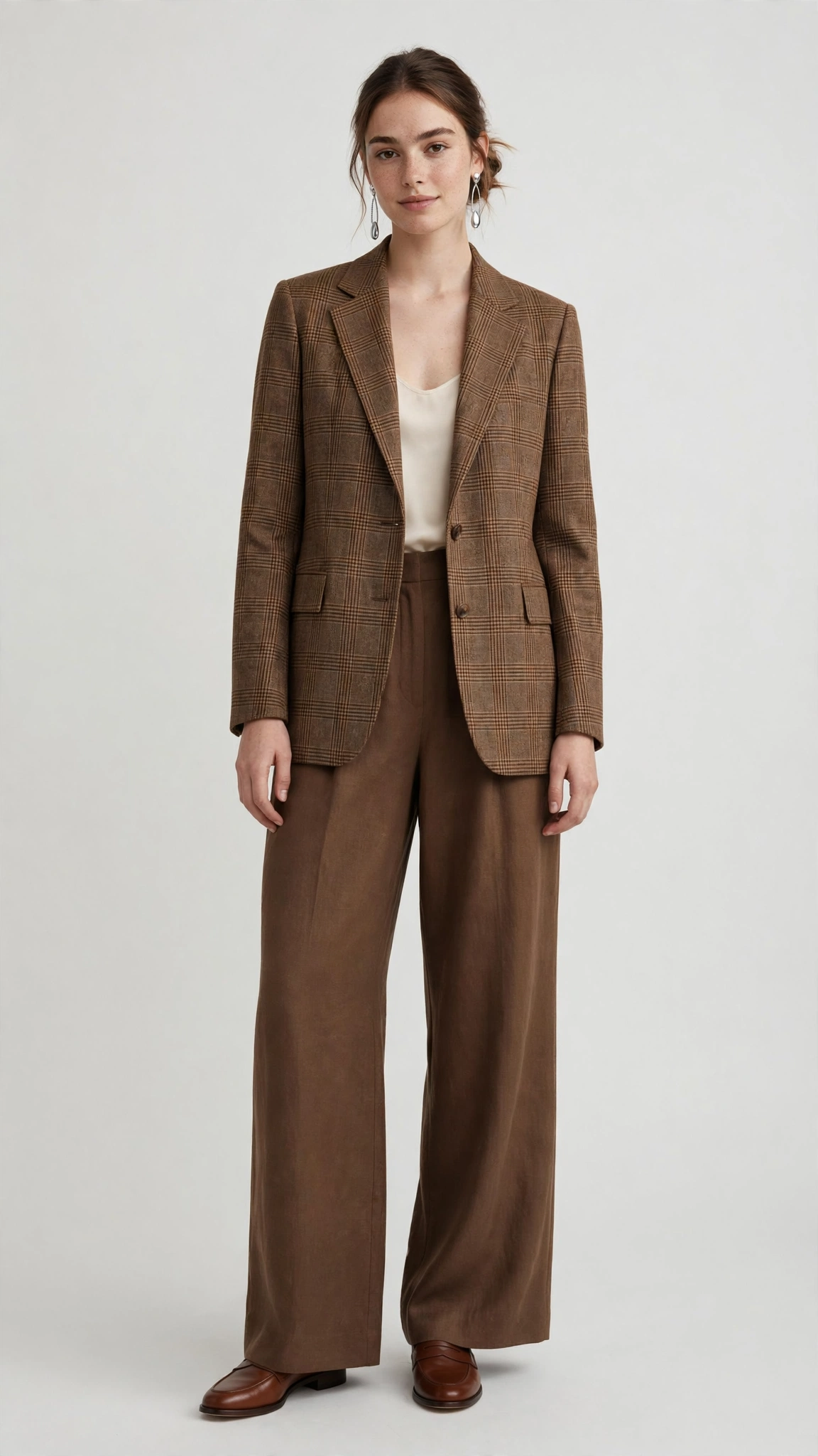 Brown Check Checked Blazer and Wide-Leg Trousers with silver drop earrings