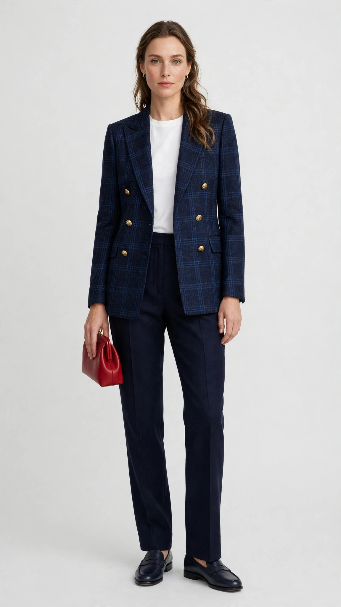 Navy Check Checked Blazer and Wool Trousers with a red clutch