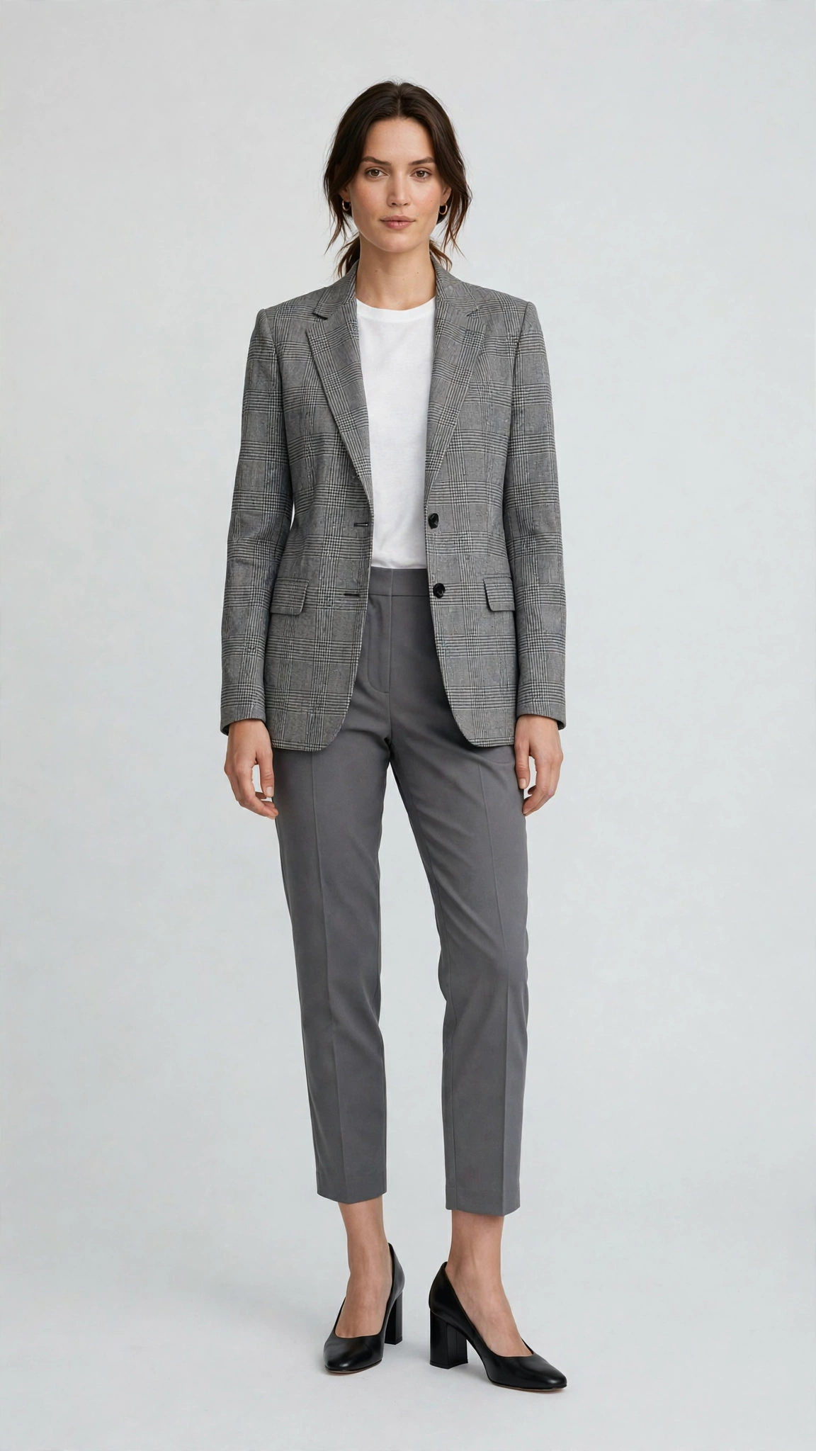 Grey Check Checked Blazer and Cropped Trousers with black block-heel pumps
