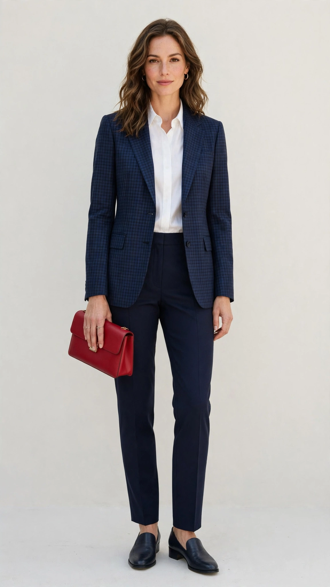 Navy Check Checked Blazer and Tailored Trousers with a red clutch