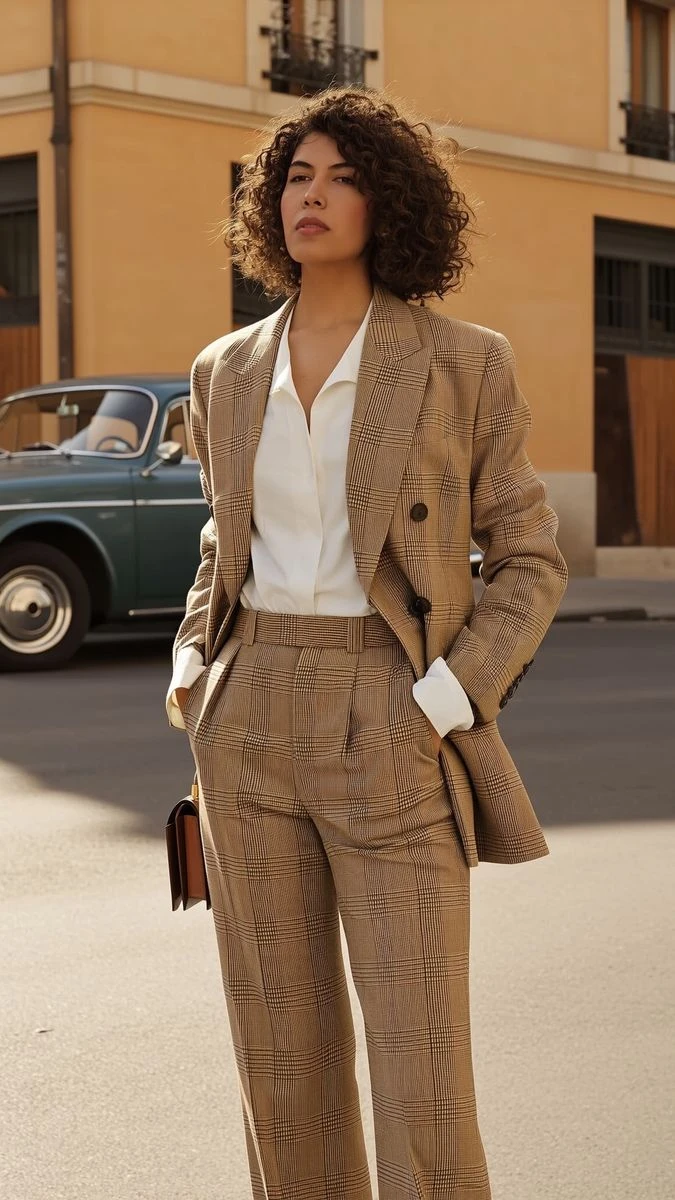 Brown Check Checked Blazer and Wide-Leg Trousers with tan leather loafers