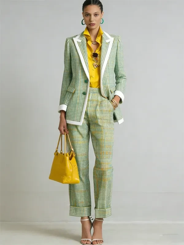Green Check Checked Blazer and Cropped Trousers with a structured tote
