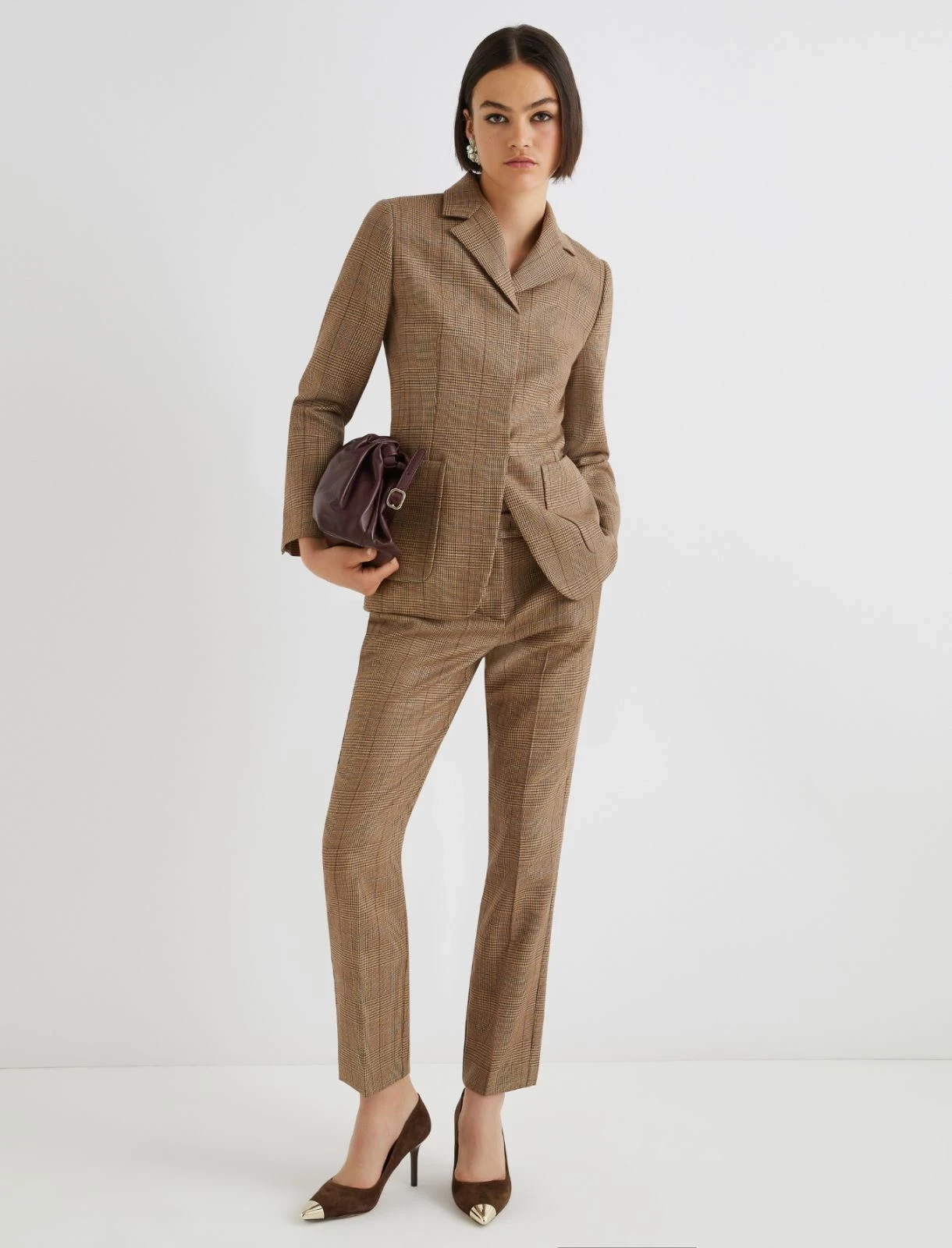 Brown Check Checked Blazer and Slim Trousers with a black satin clutch