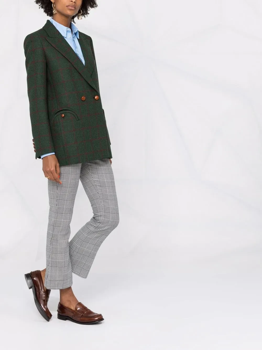 Green Check Checked Blazer and Cropped Trousers with tan leather loafers