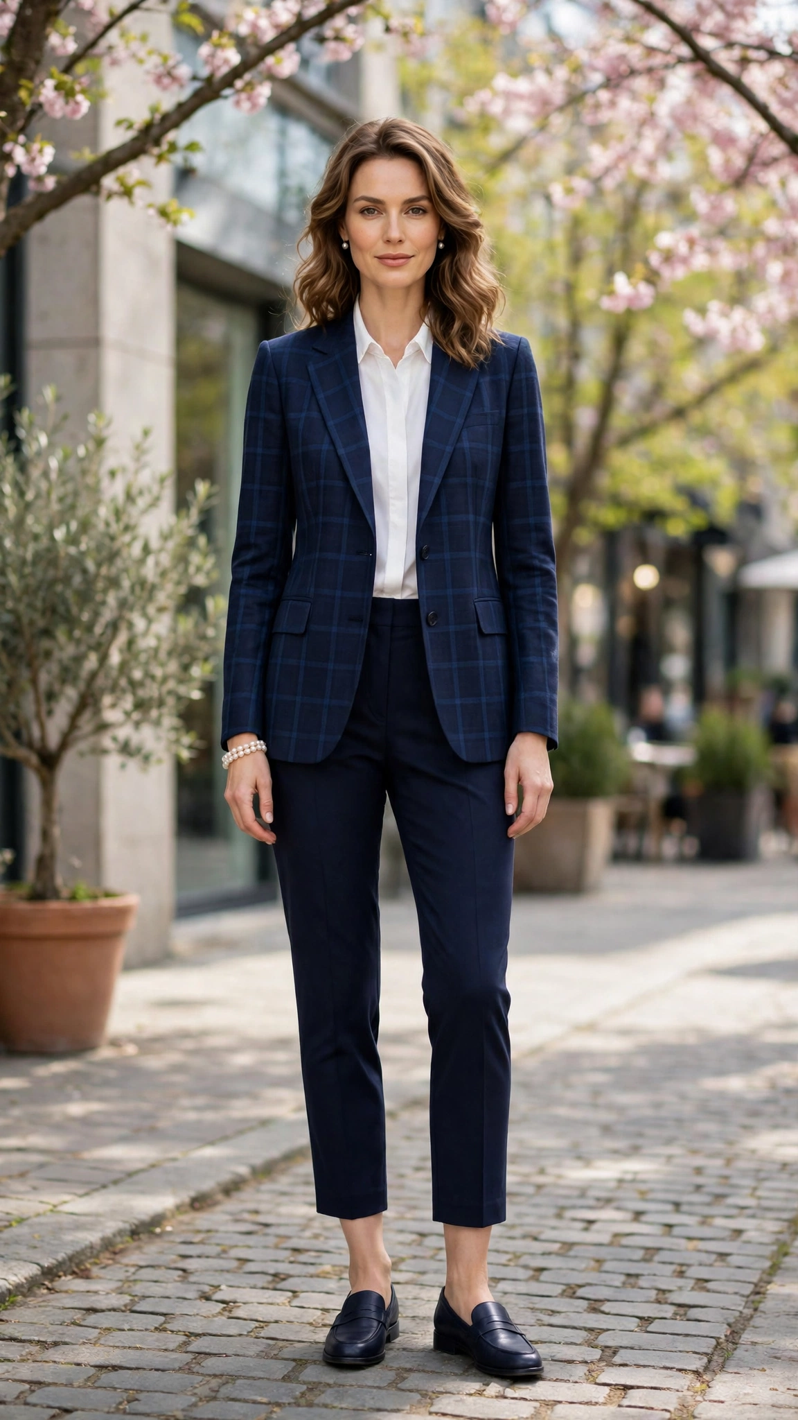 Navy Check Checked Blazer and Cropped Trousers with a pearl bracelet