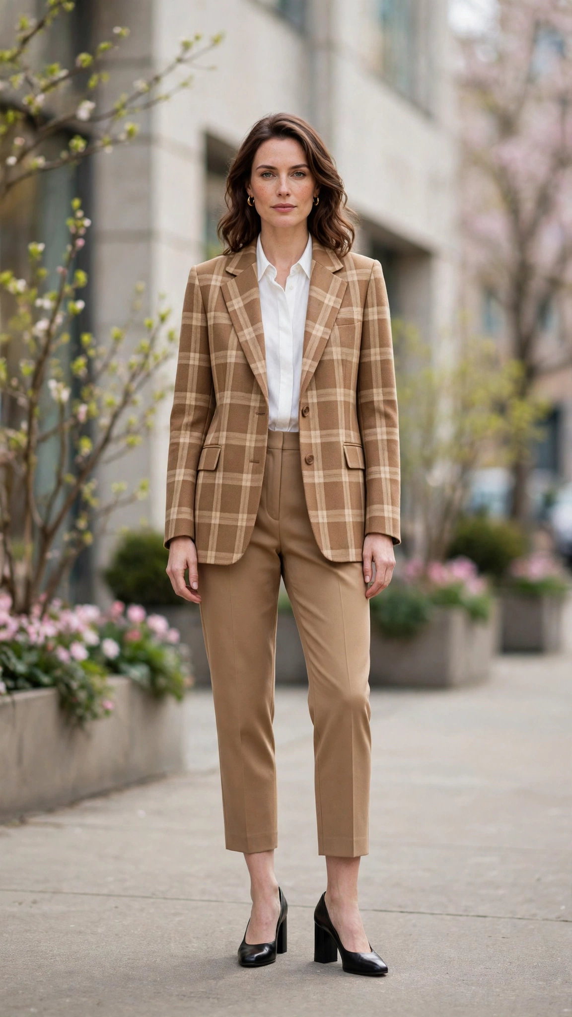 Camel Check Checked Blazer and Cropped Trousers with black block-heel pumps