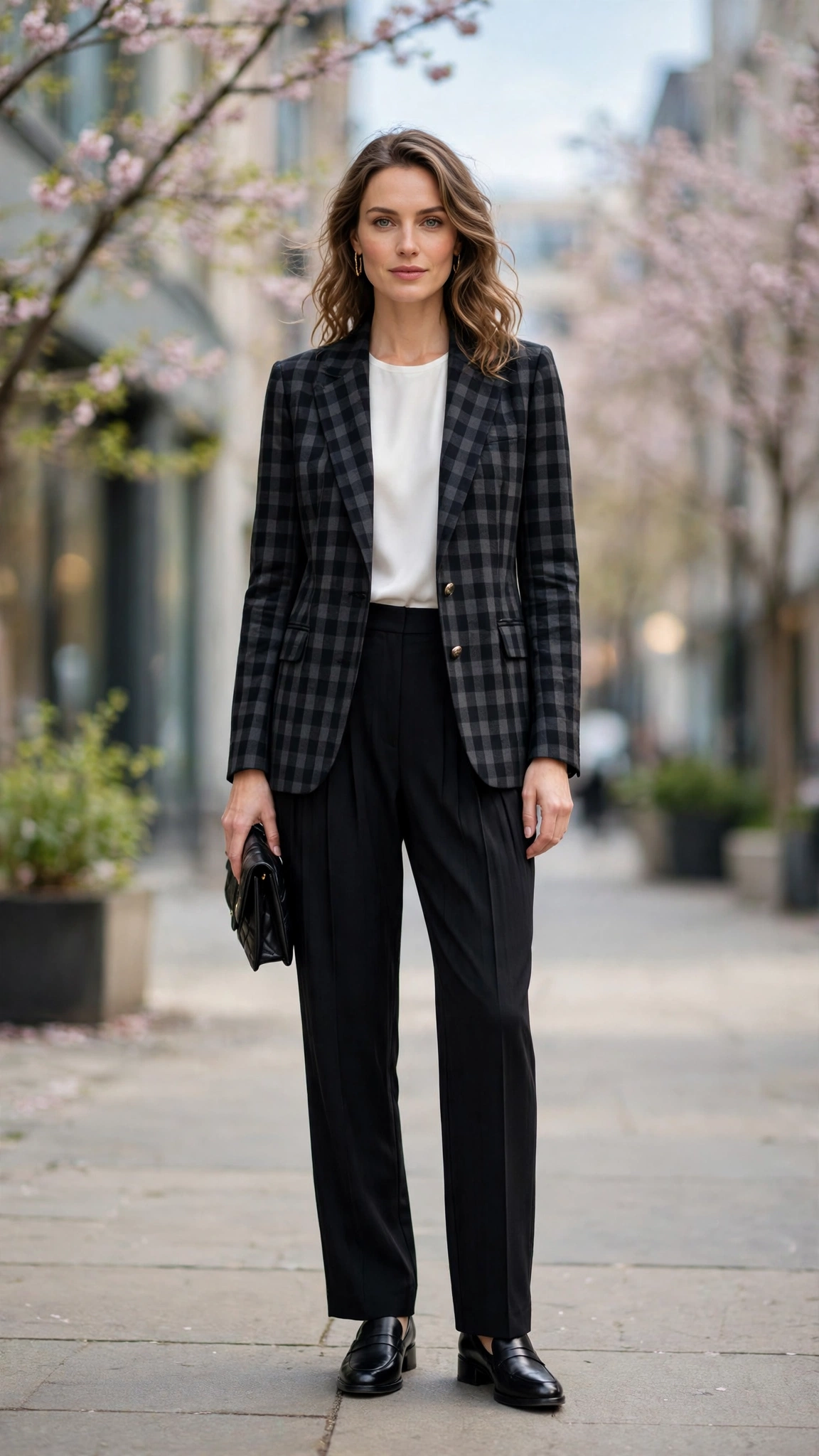 Black Check Checked Blazer and Pleated Trousers with a small black clutch