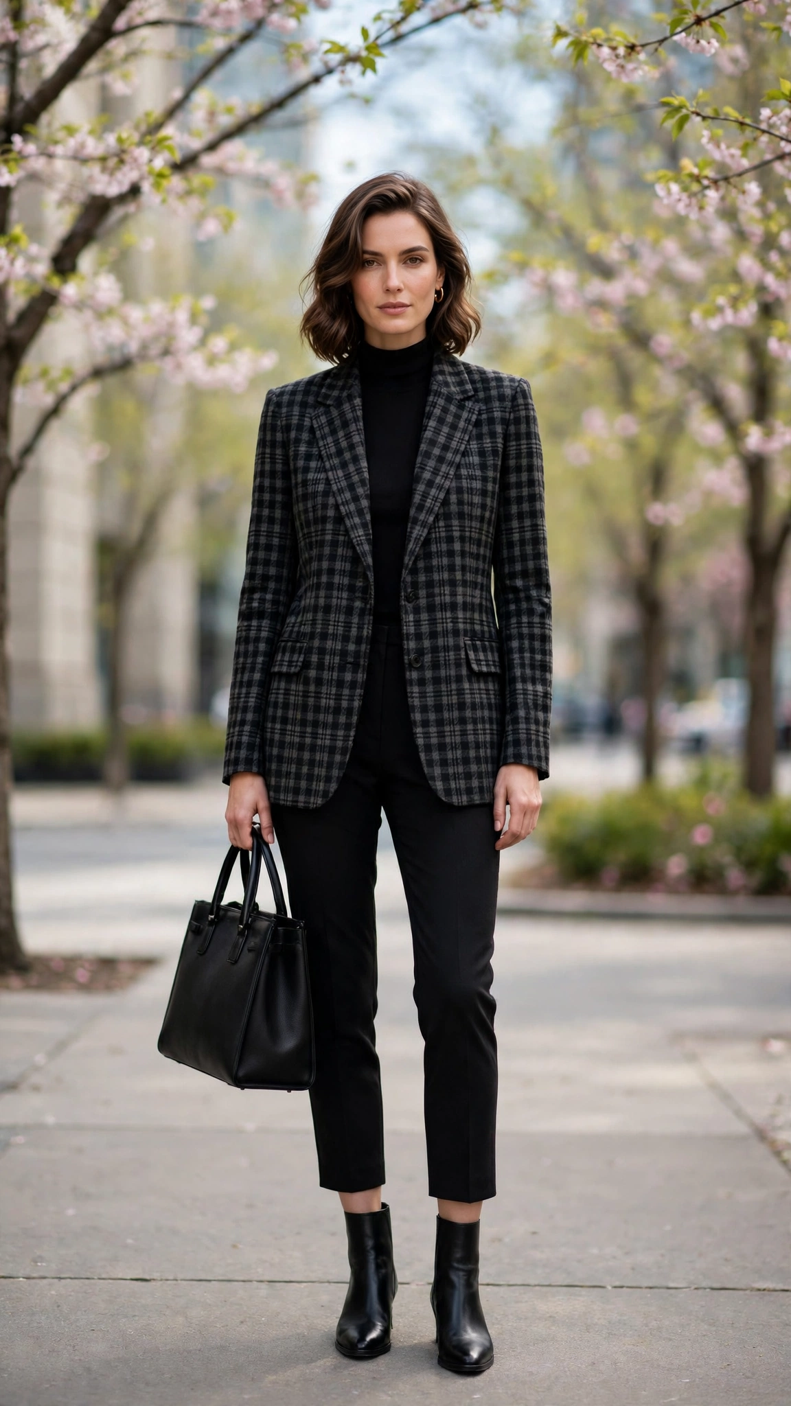 Black Check Checked Blazer and Cropped Trousers with a structured tote
