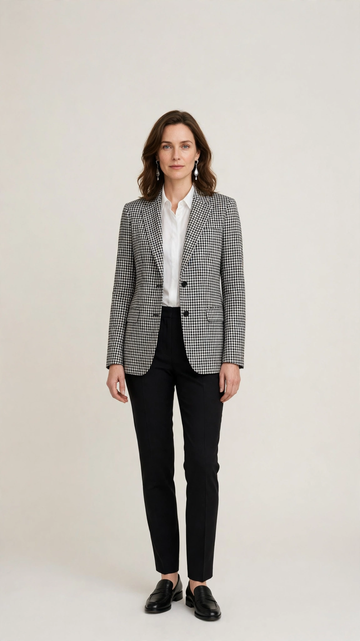 Black Check Checked Blazer and Slim Trousers with silver drop earrings